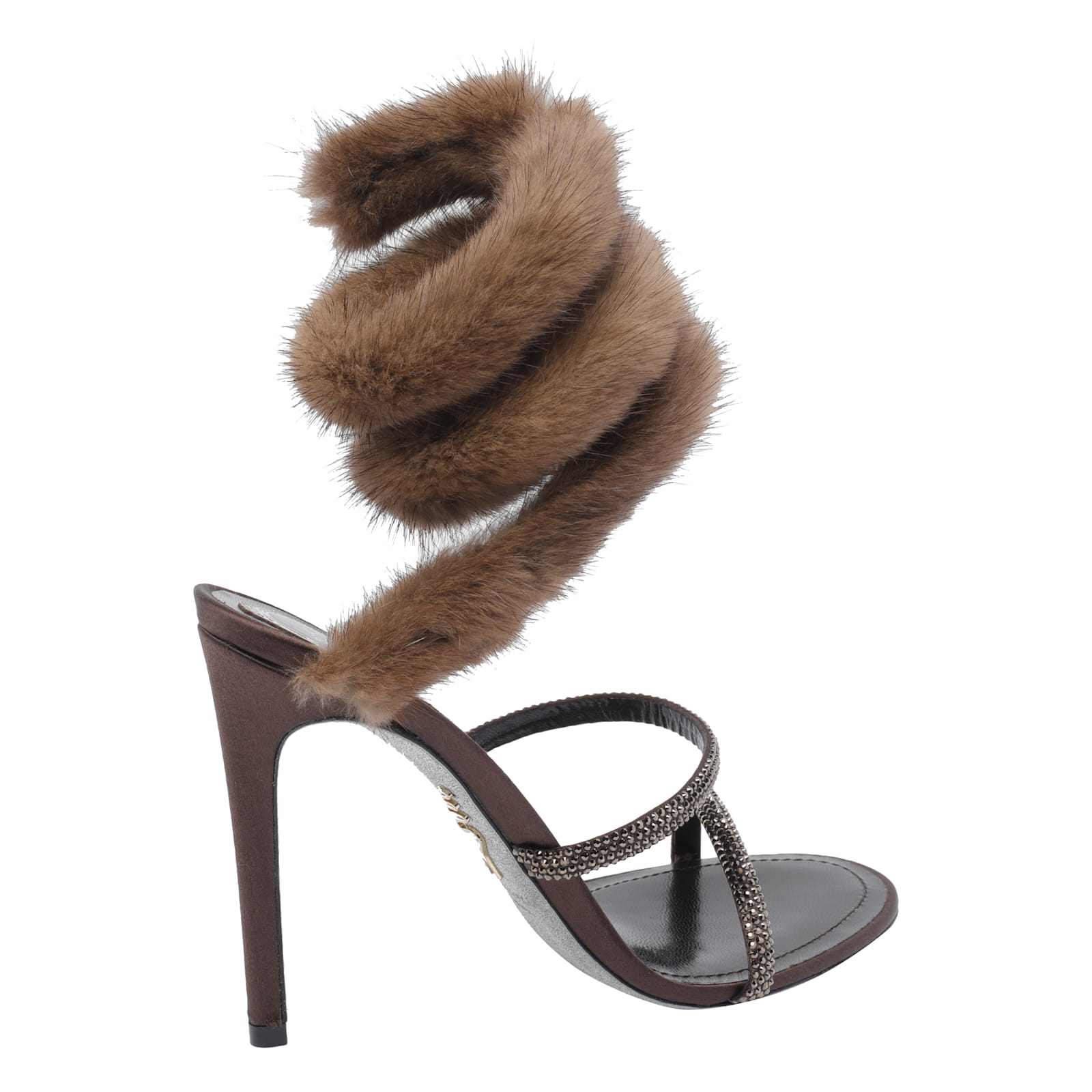 René Caovilla Heeled Sandal With Real Fur Details In Brown