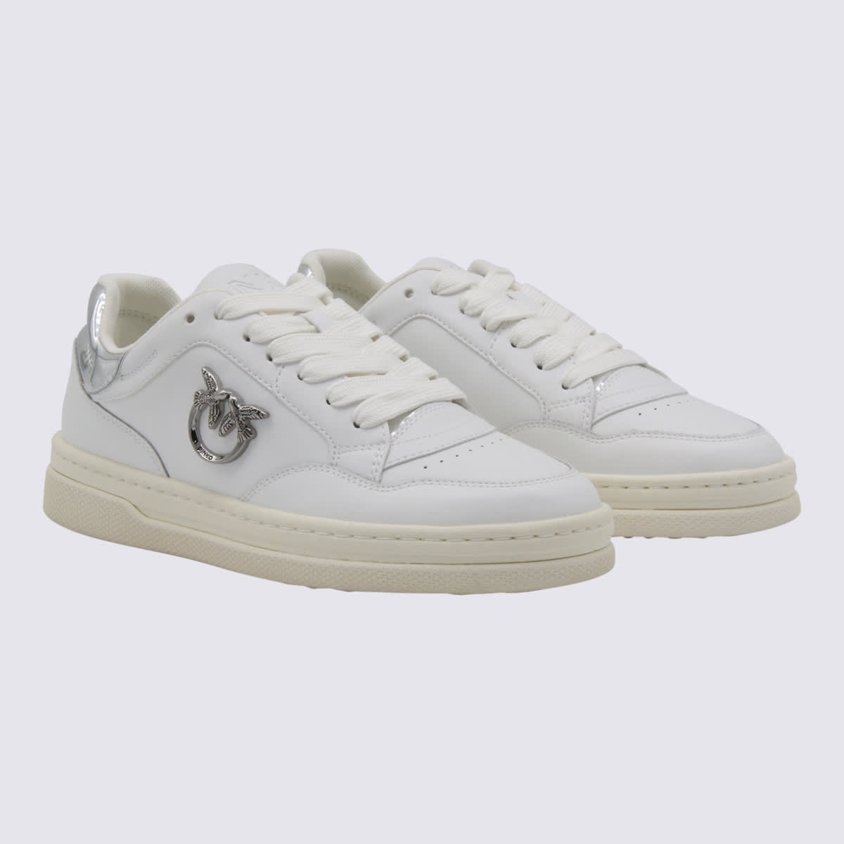 Pinko White Leather Sneakers With Metallic Accents In White