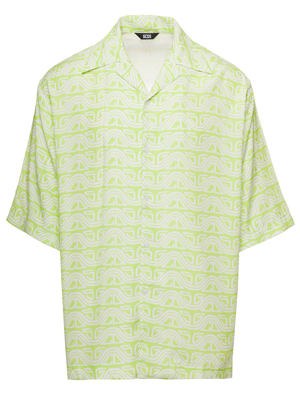 GCDS GREEN SHIRT WITH ALL-OVER GCDS SURF LOGO PRINT IN VISCOSE MAN