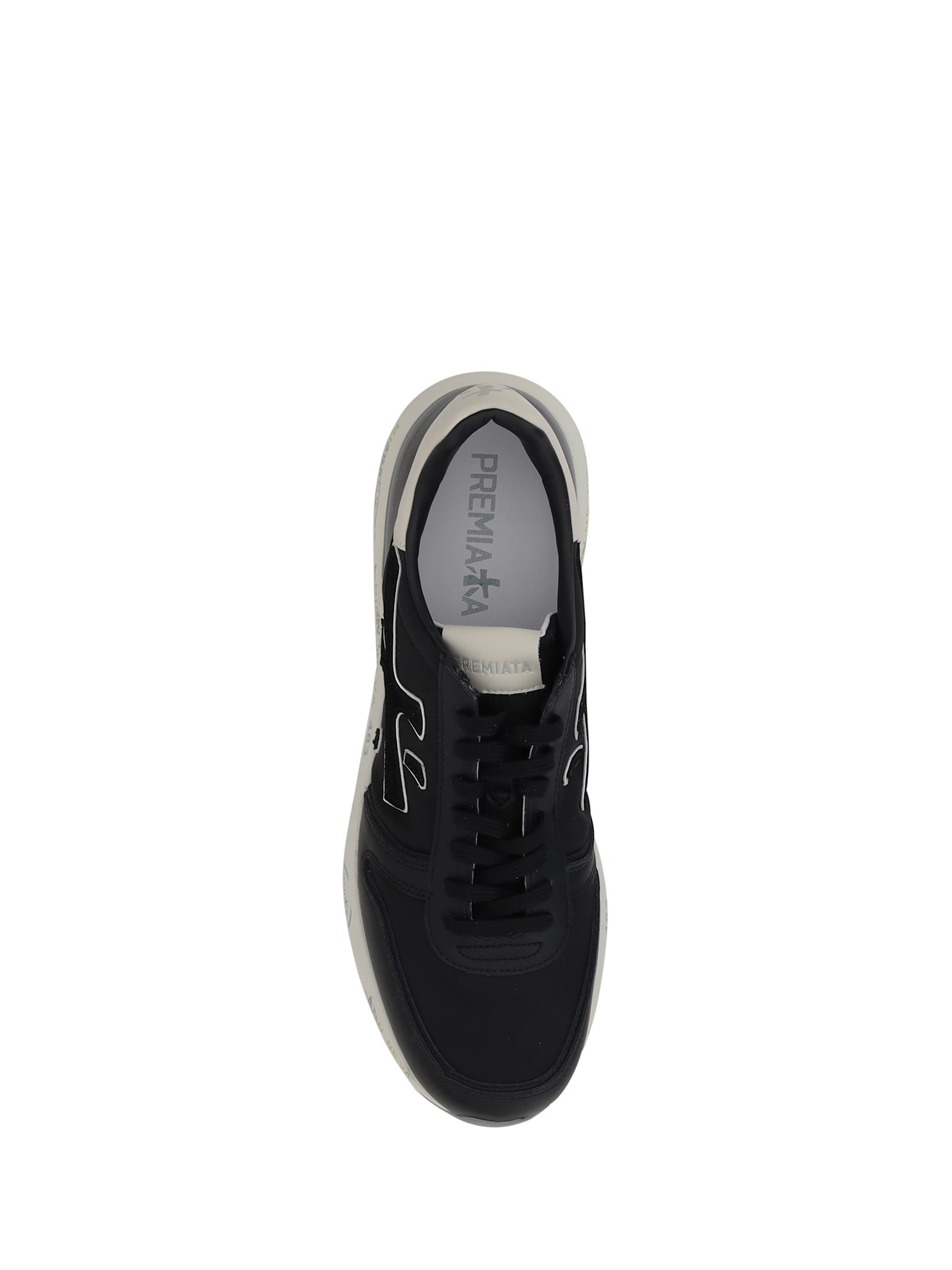 Premiata Round Toe Leather Sneakers With Contrasting Sole In Black