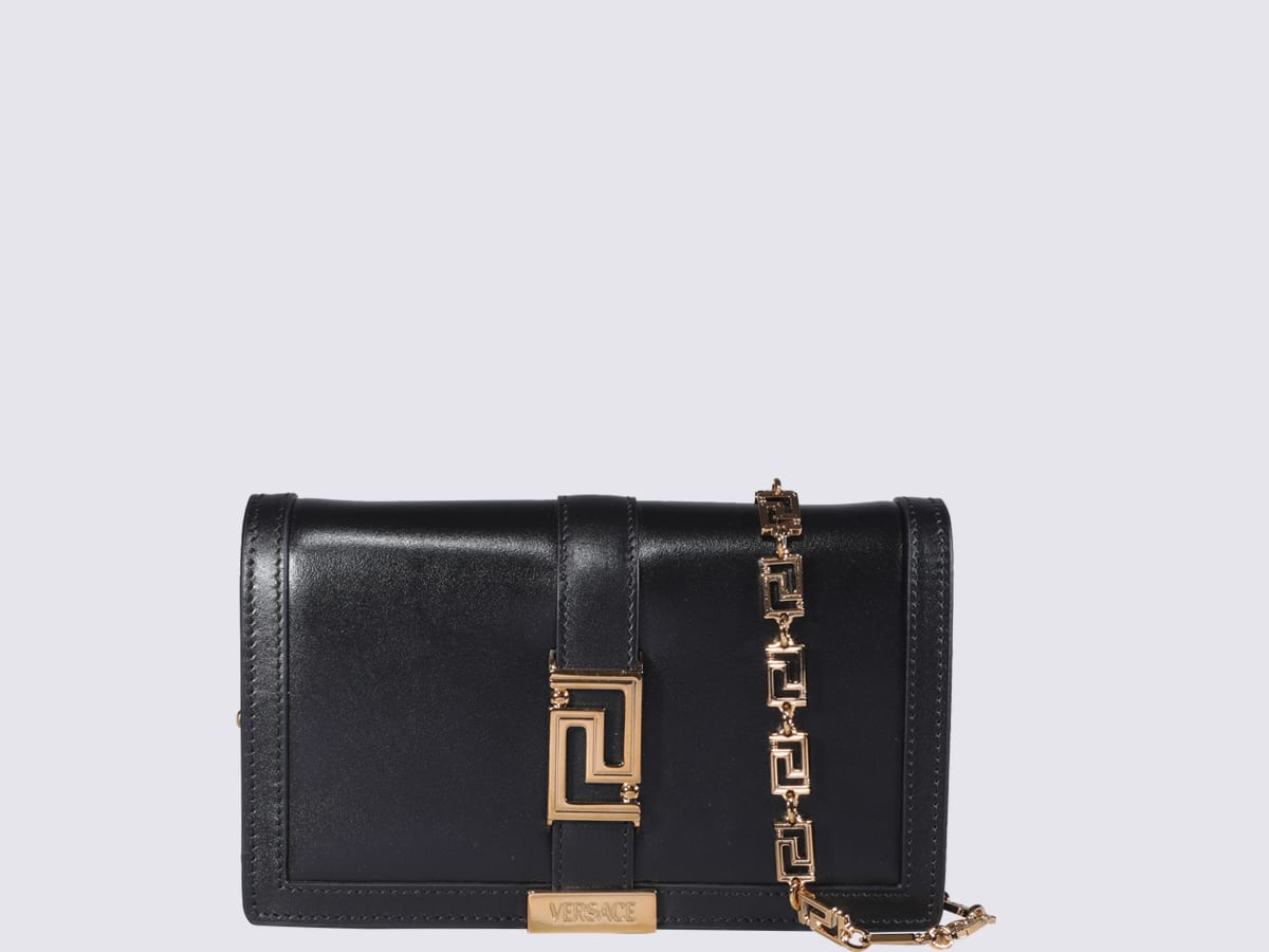Shop Versace Black Leather Greca Goddess Shoulder Bag