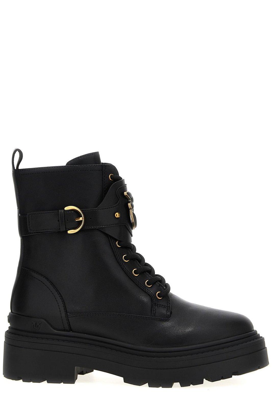 Shop Pinko Logo Plaque Combat Boots In Nero Limousine