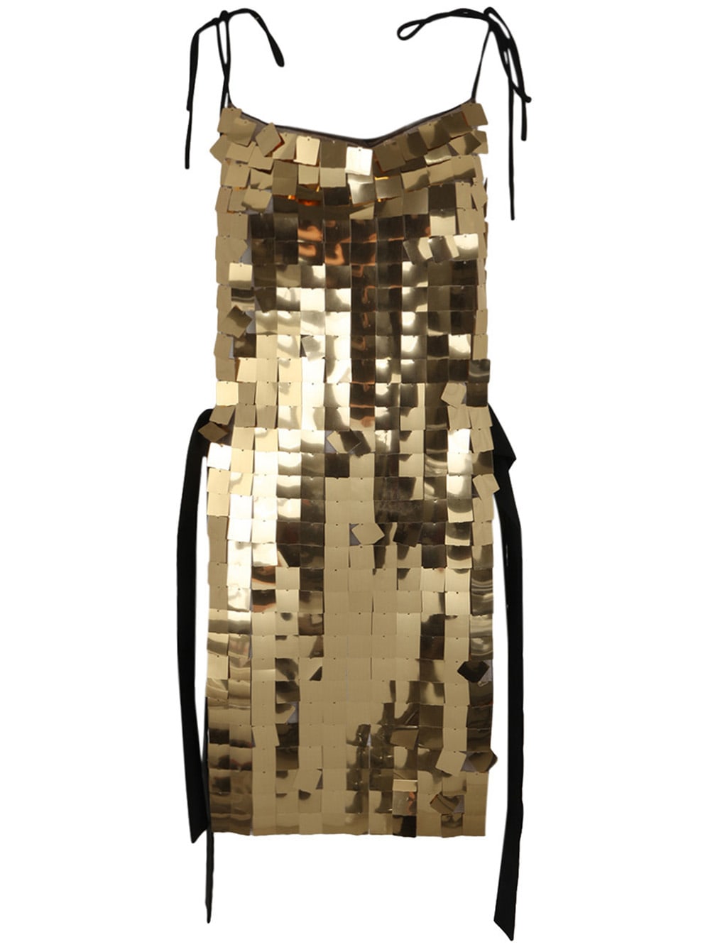 Shop Maria Calderara Corazza Macro Square Sequins On Tulle Dress In Gold Black Taffeta Ribbons