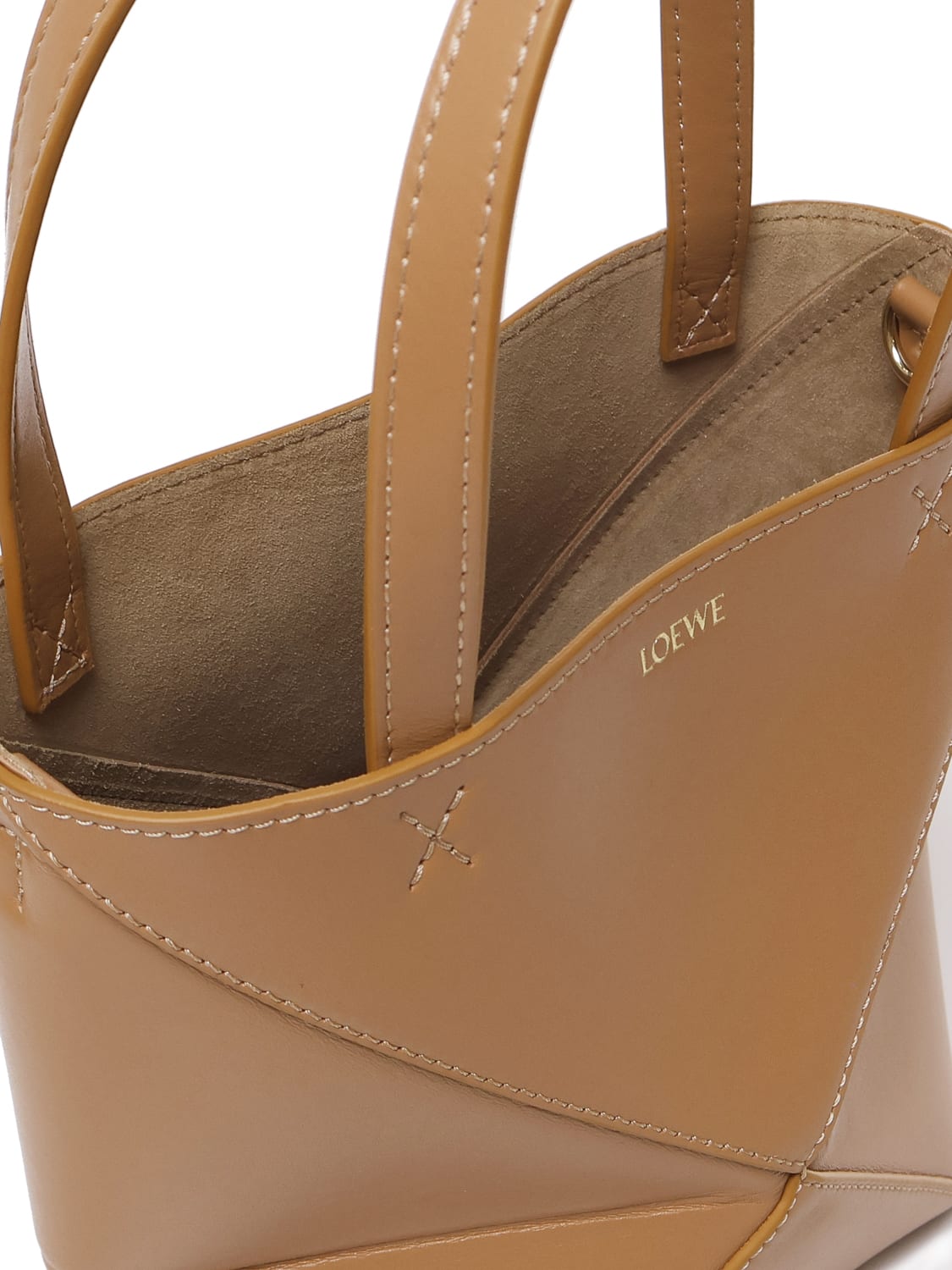 Shop Loewe Mini Puzzle Fold Tote In Shiny Calfskin In Warm Desert