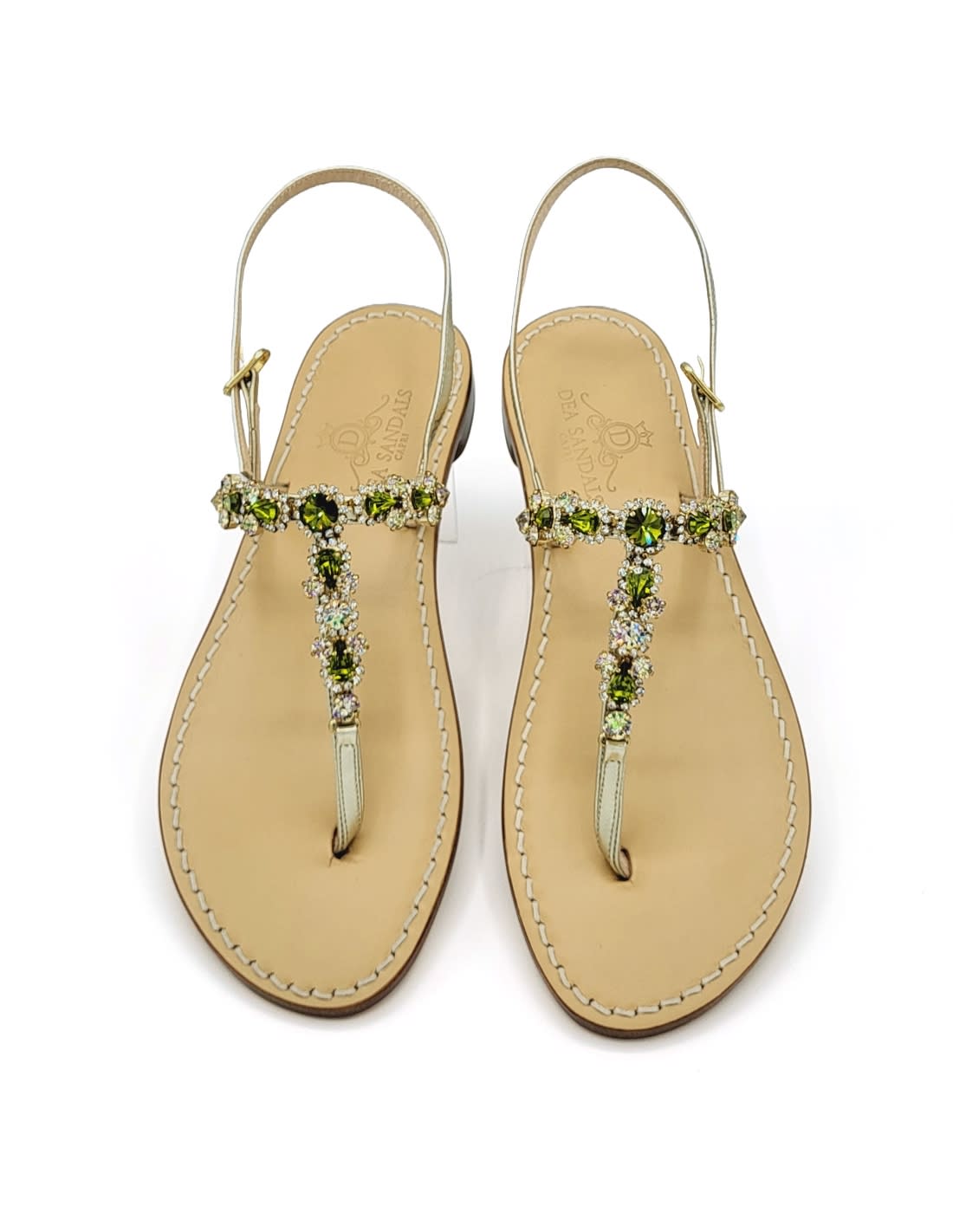 Dea Sandals Olive Green Queen Jewel Sandals In Platinum Gold Laminated, Olive Green, Green, Crystals
