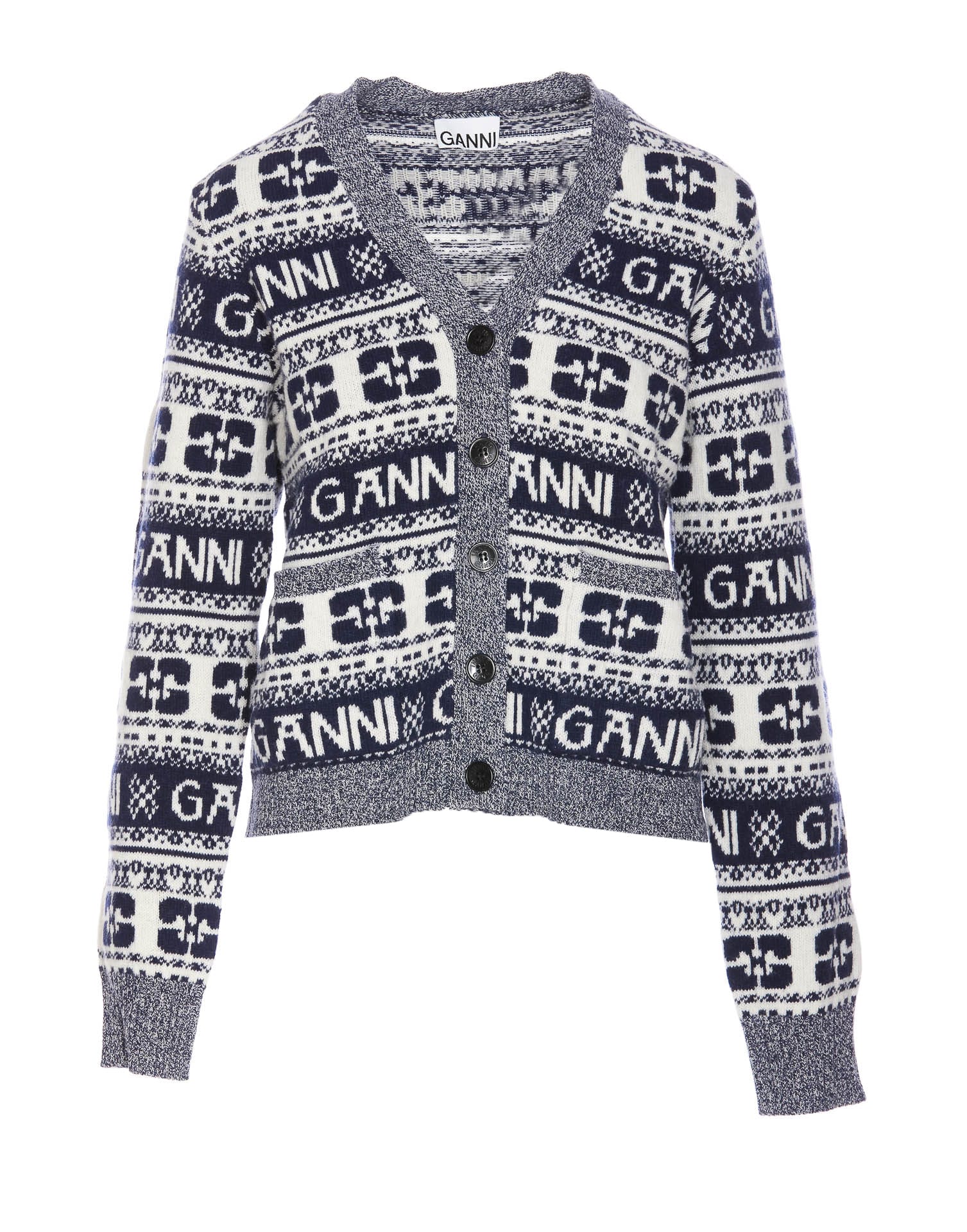 Shop Ganni Logo Wool Mix Cardigan In Sky Captain