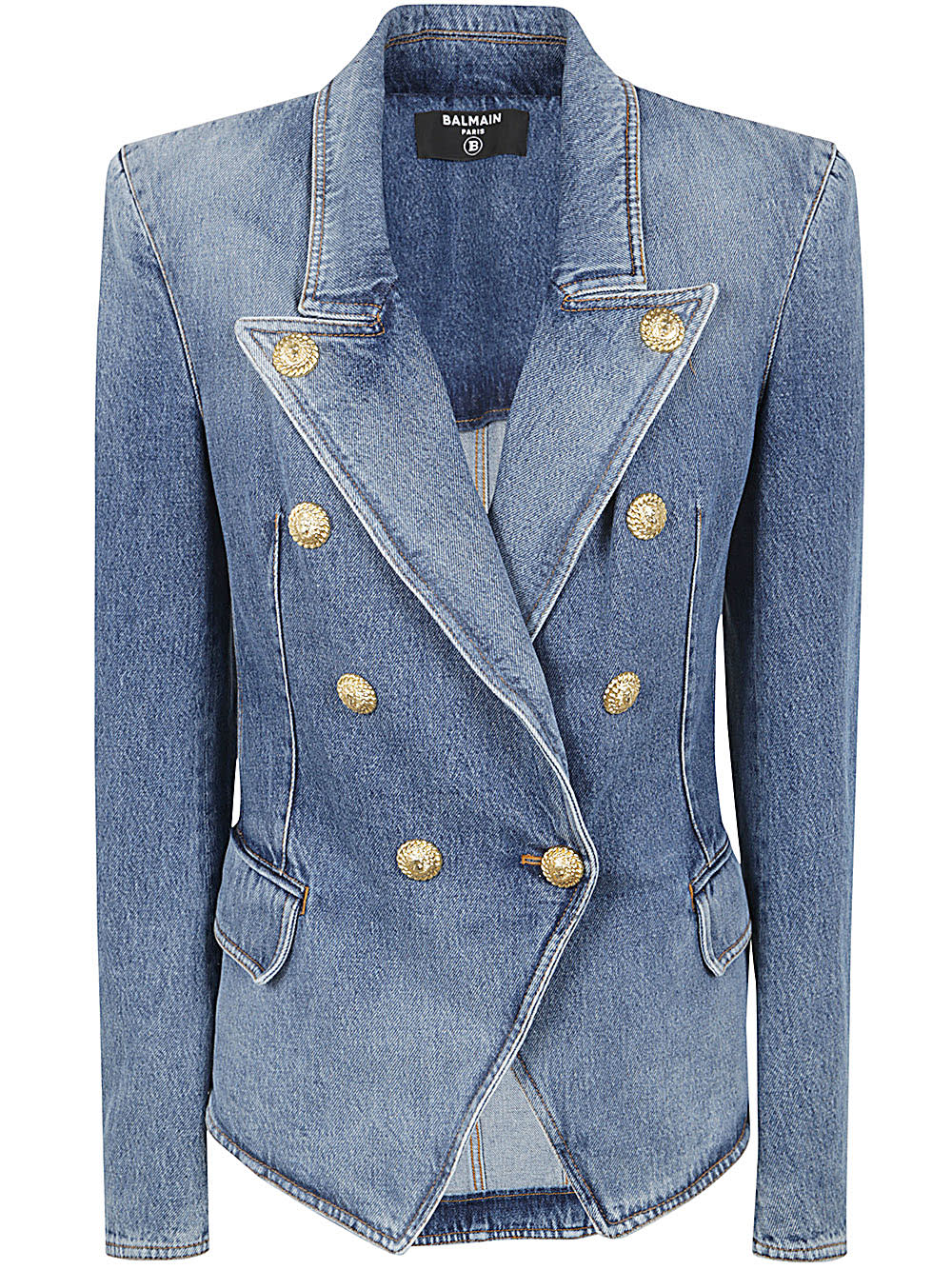 Shop Balmain 8 Btn Medium Blue Denim Jacket In Ff Bleu Jean