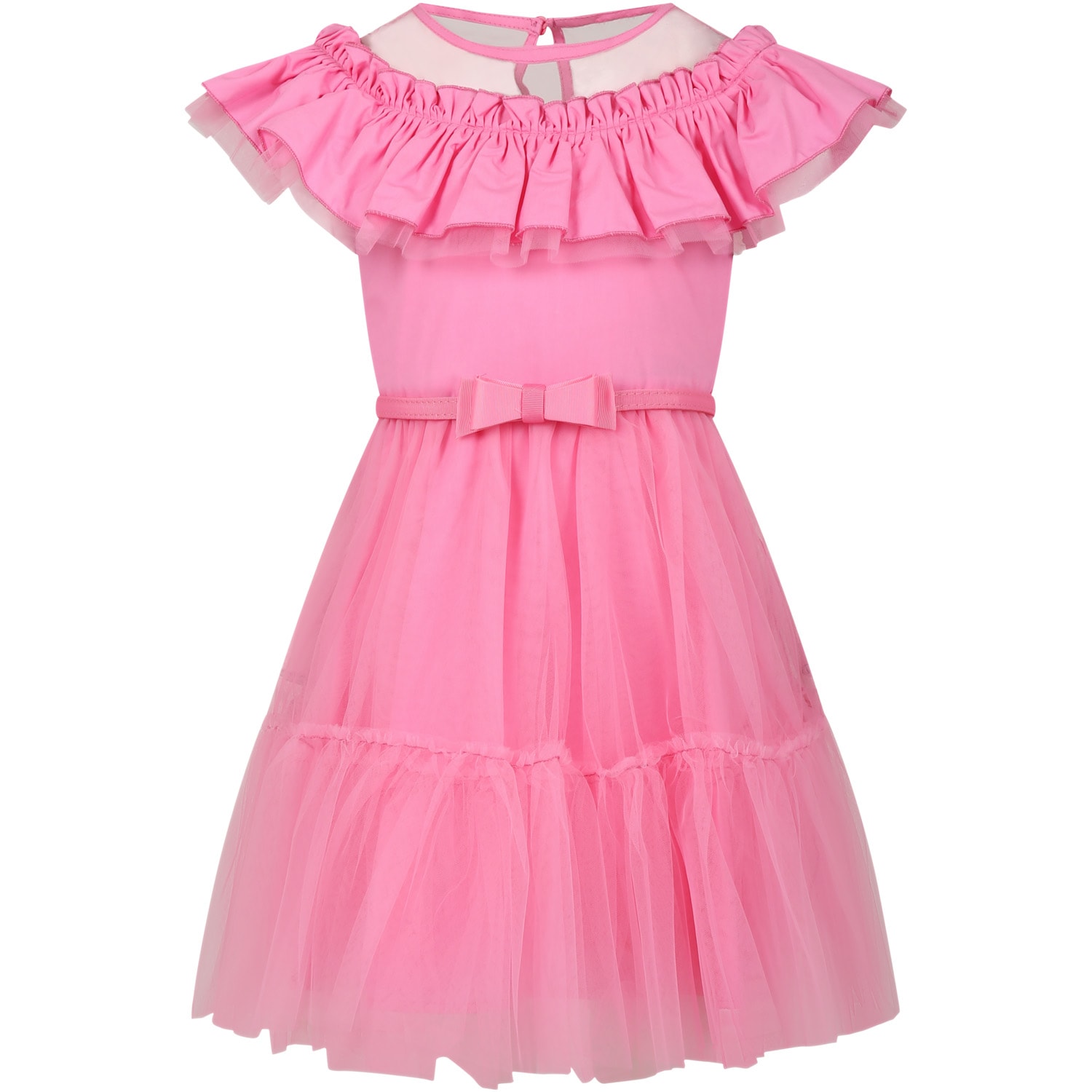 Monnalisa Kids' Pink Dress For Girl With Tulle And Ruffles In Fuchsia