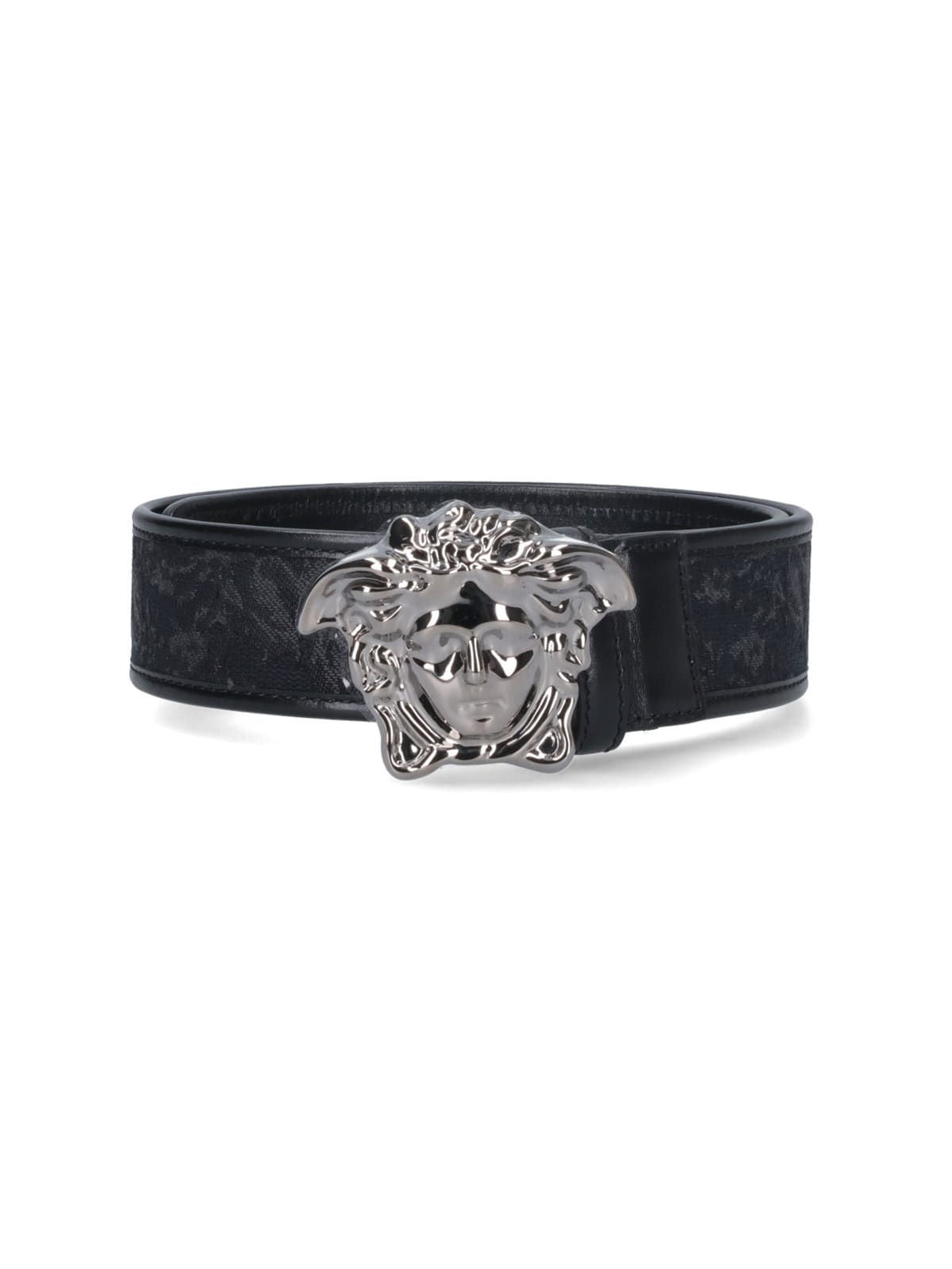 Versace Adjustable Textured Belts Decorative Buckle In Black