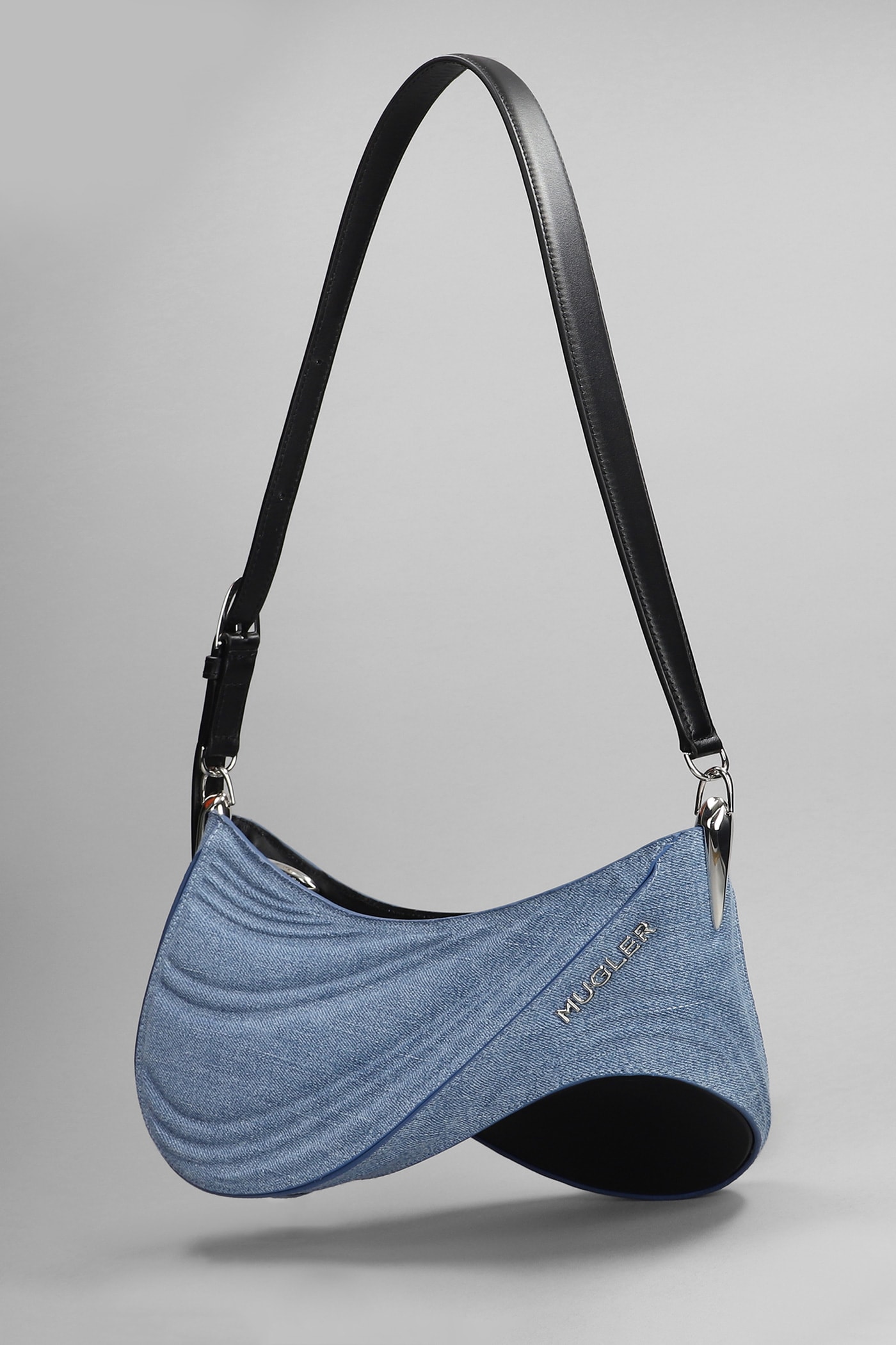 Mugler Medium Denim Spiral Curve 01 Denim Shoulder Bag In Medium Blue / Black