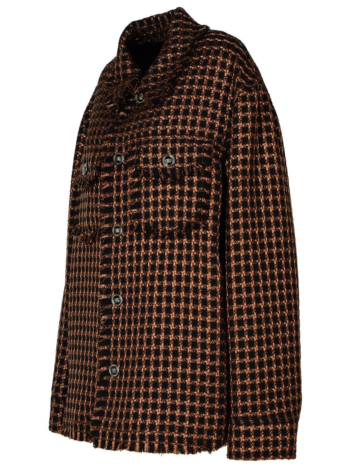 Shop Versace Checked Tweed Button-up Jacket In Bqblackchestnut