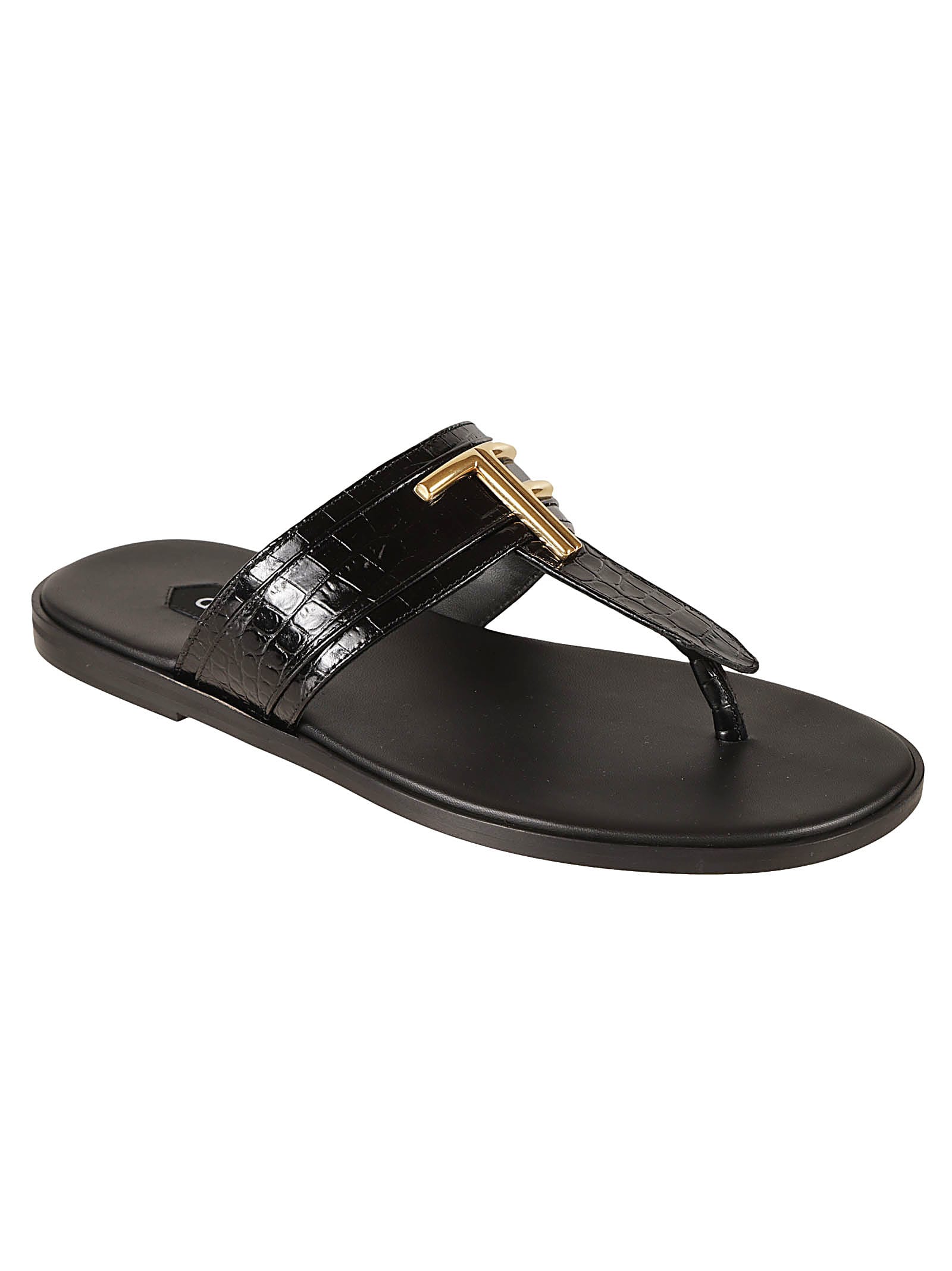 Shop Tom Ford Croco Embossed T Plaque Sandals In Black
