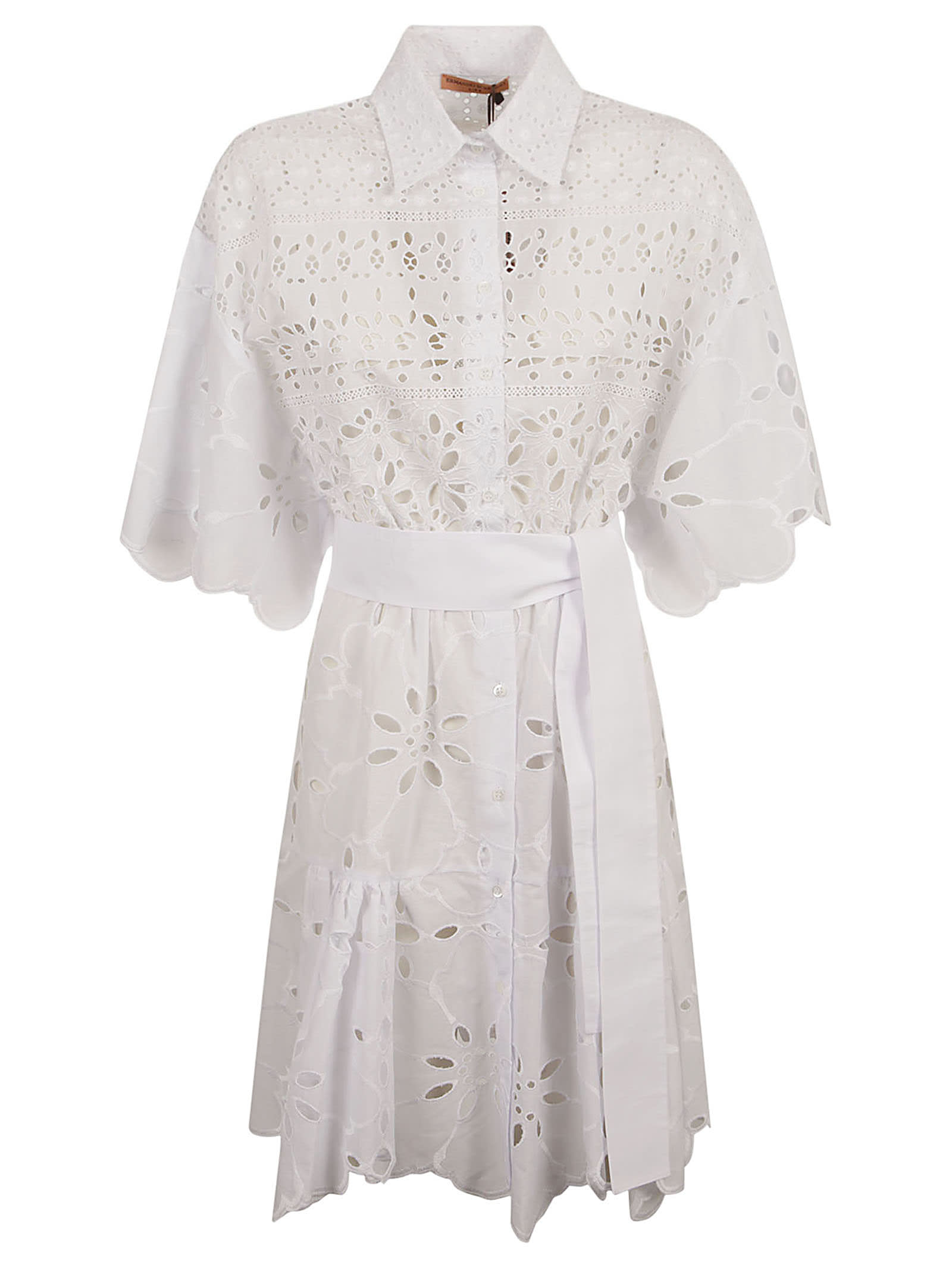 Shop Ermanno Scervino Tie-waist Perforated Shirt Dress In Bright White