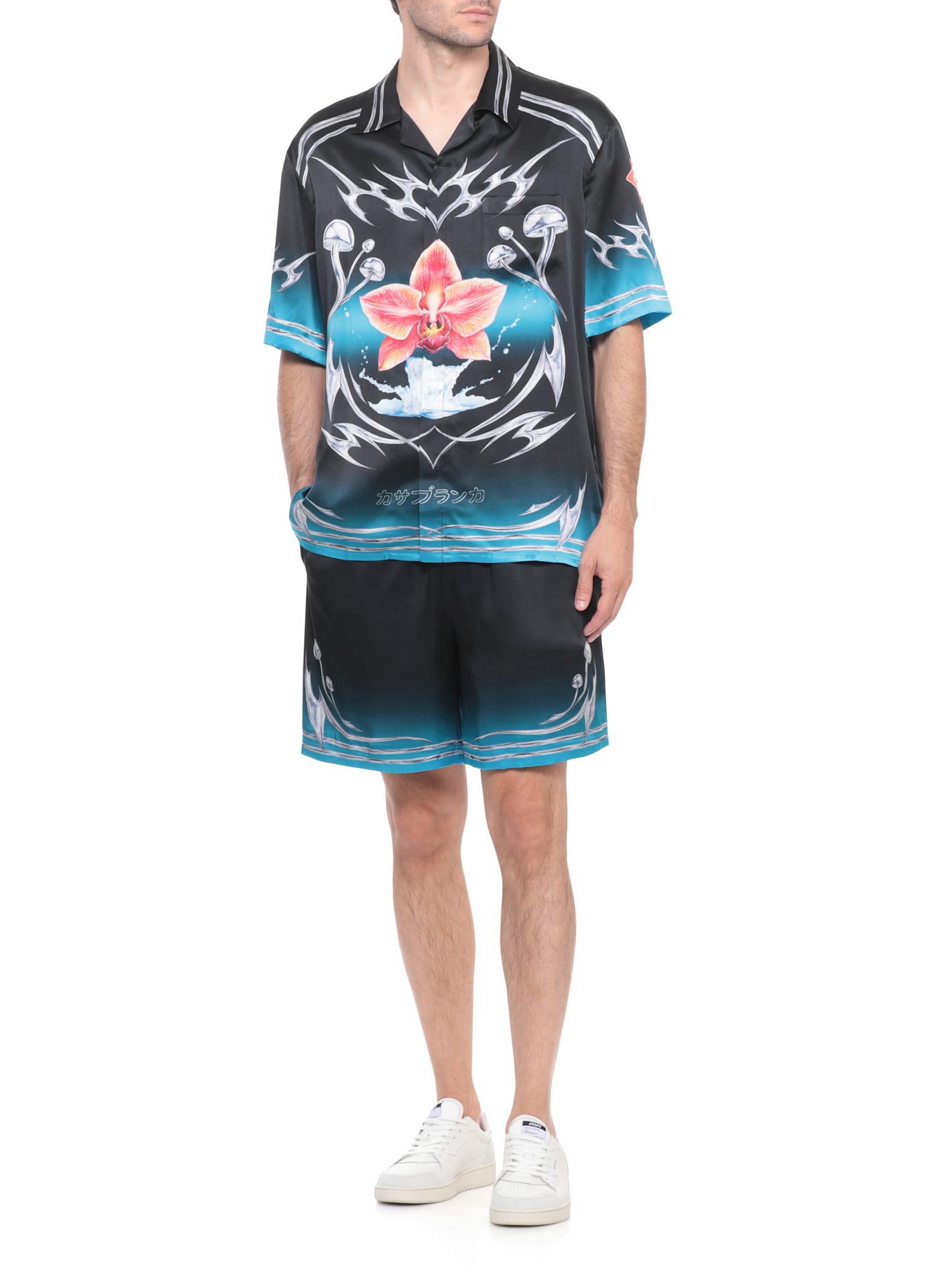 Casablanca Floral Graphic Short Sleeve Satin Top In Black