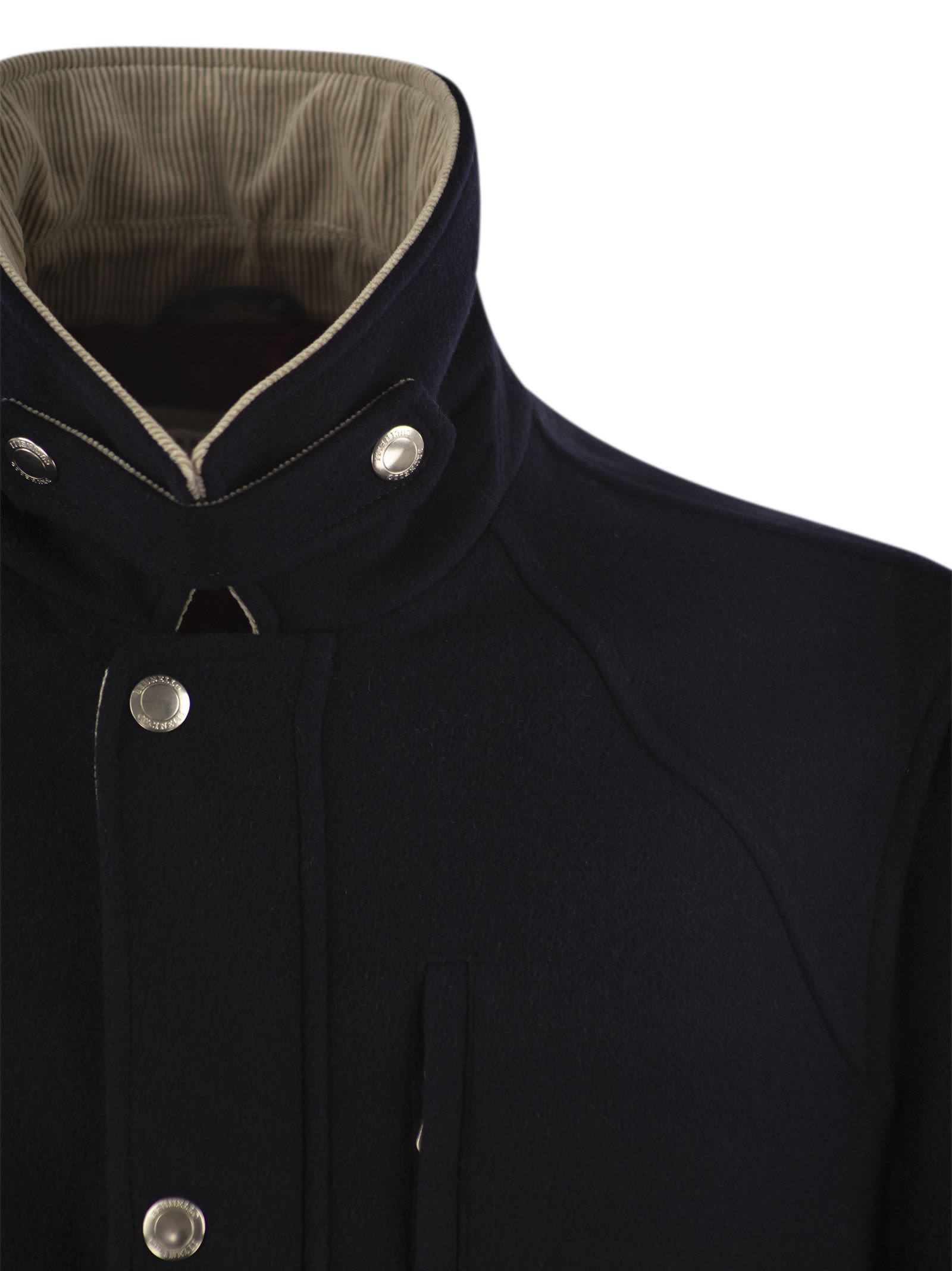 Shop Brunello Cucinelli Outerwear In Beaver Double Wool With Corduroy Inserts In Navy