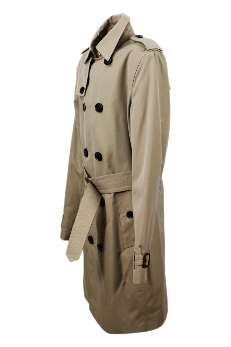 Shop Burberry Trench Coat In Cotton Gabardine With Buttons And Belt With Check Interior In Beige