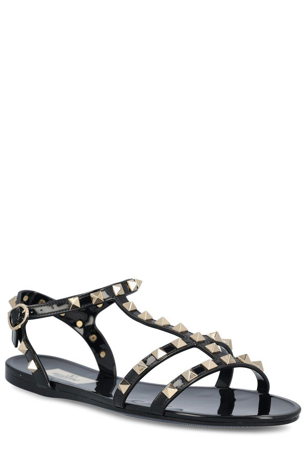 Valentino Rockstud Flat Sole Open Toe Sandals In Black