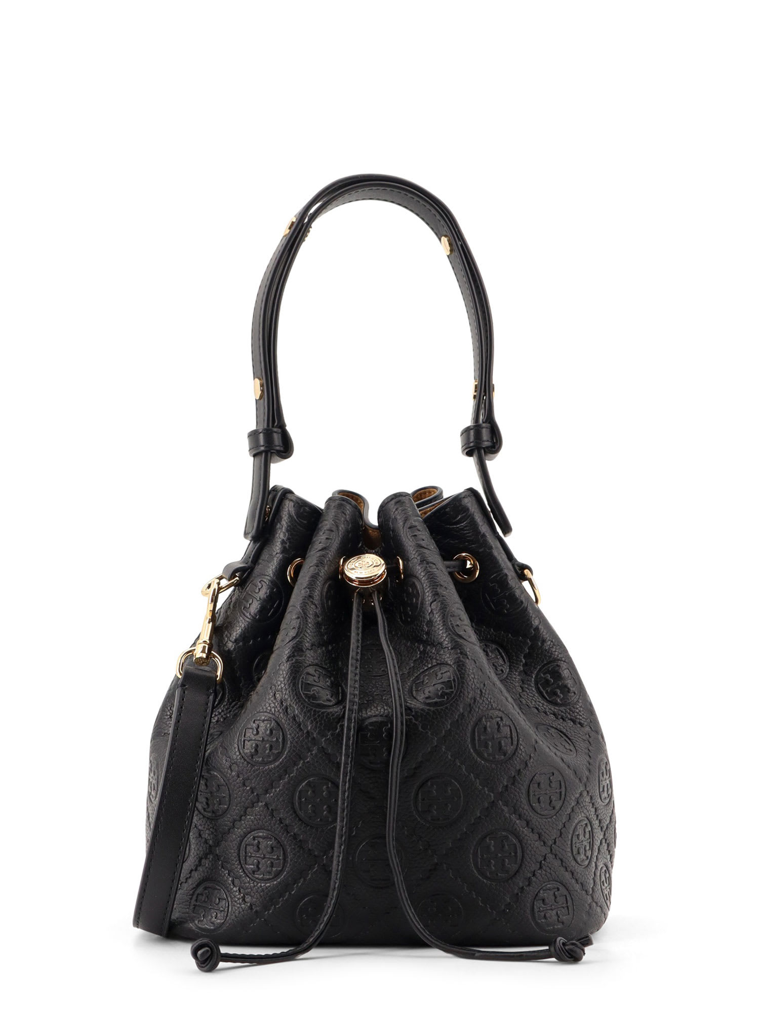 Tory Burch T Monogram Pebble Leather Bucket Bag In Black