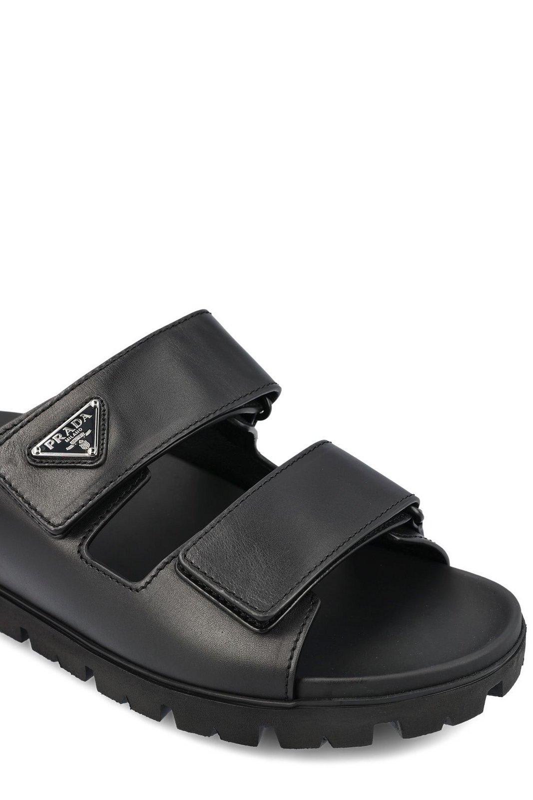 Shop Prada Enamel-triangle Slip-on Sandals