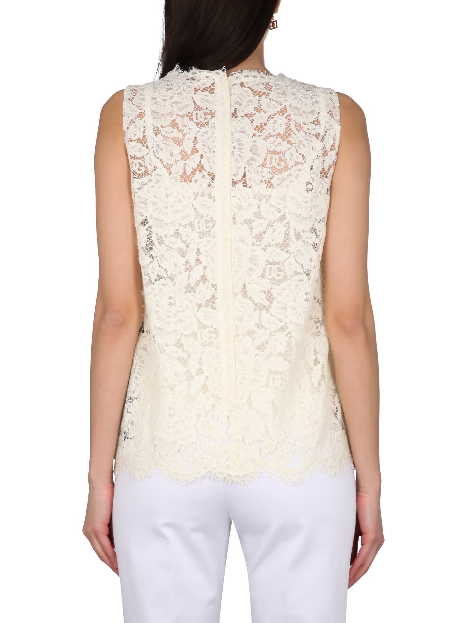 Shop Dolce & Gabbana Logoed Stretch Lace Top