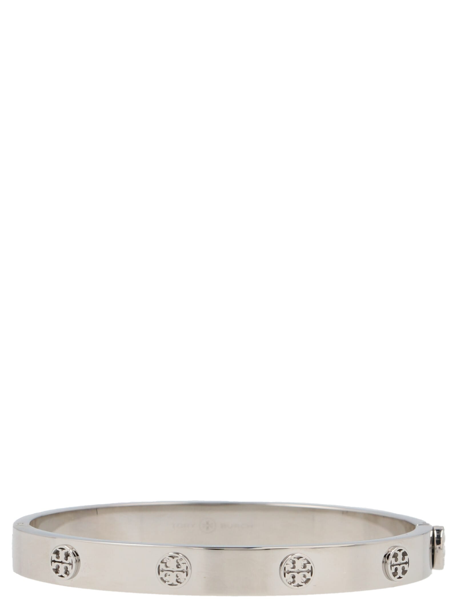 Tory Burch Miller Logo-charm Bangle Bracelet In Silver
