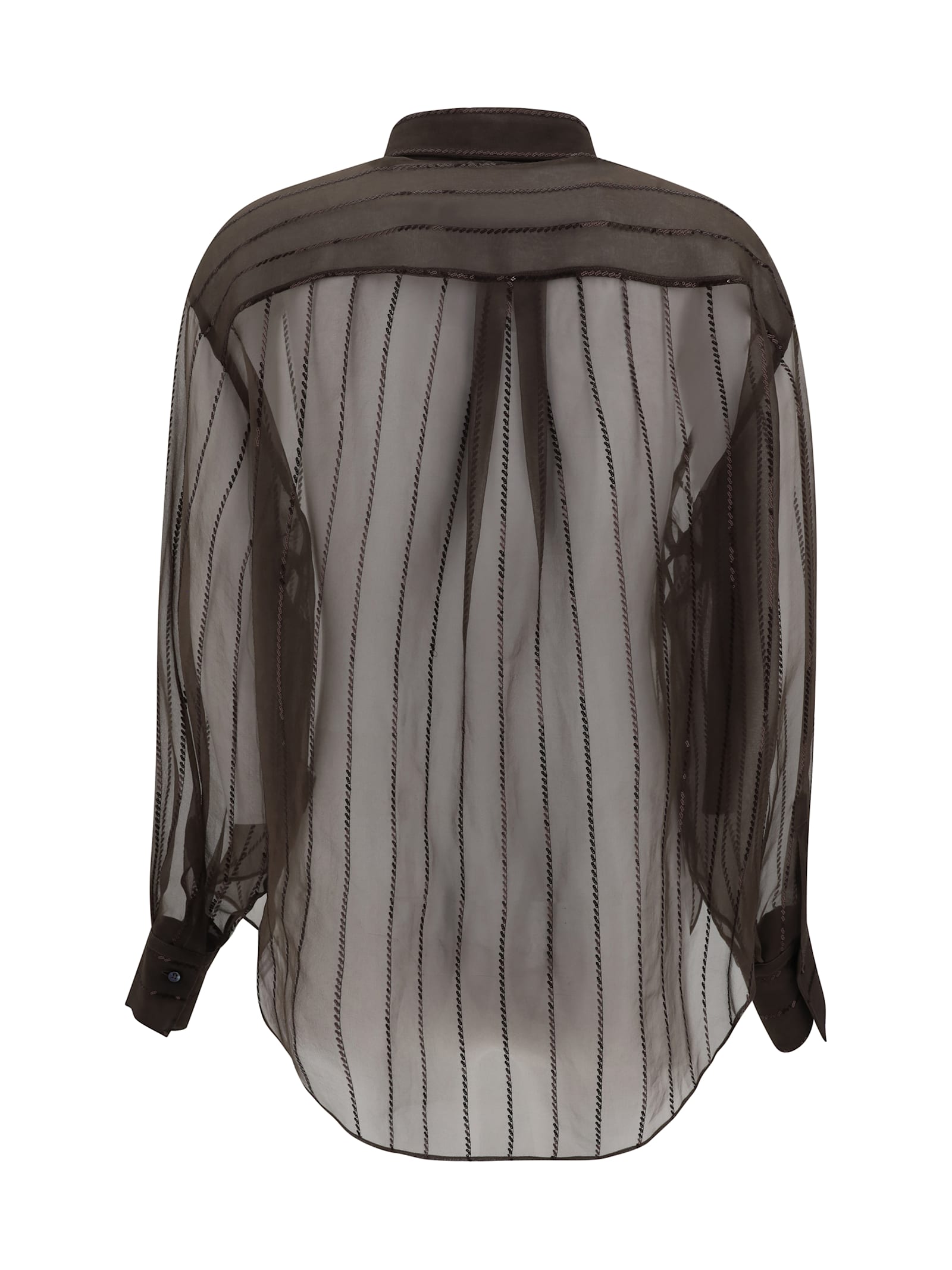 Brunello Cucinelli Sheer Silk Shirt Sequin Embellishments In Brown