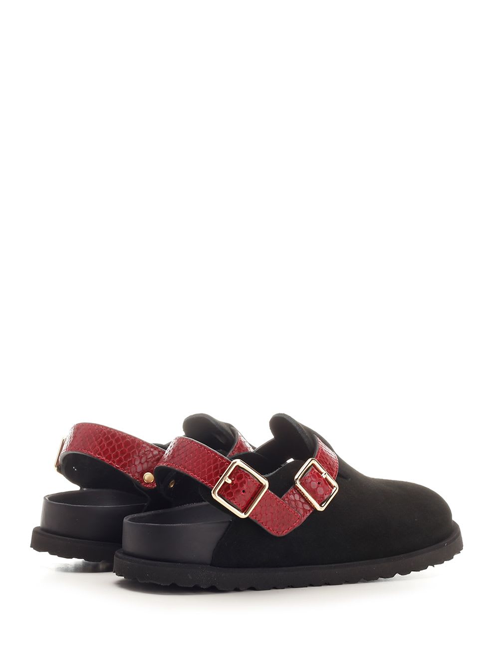 Birkenstock Black And Red Leather Tokio Cazador Flats In Black