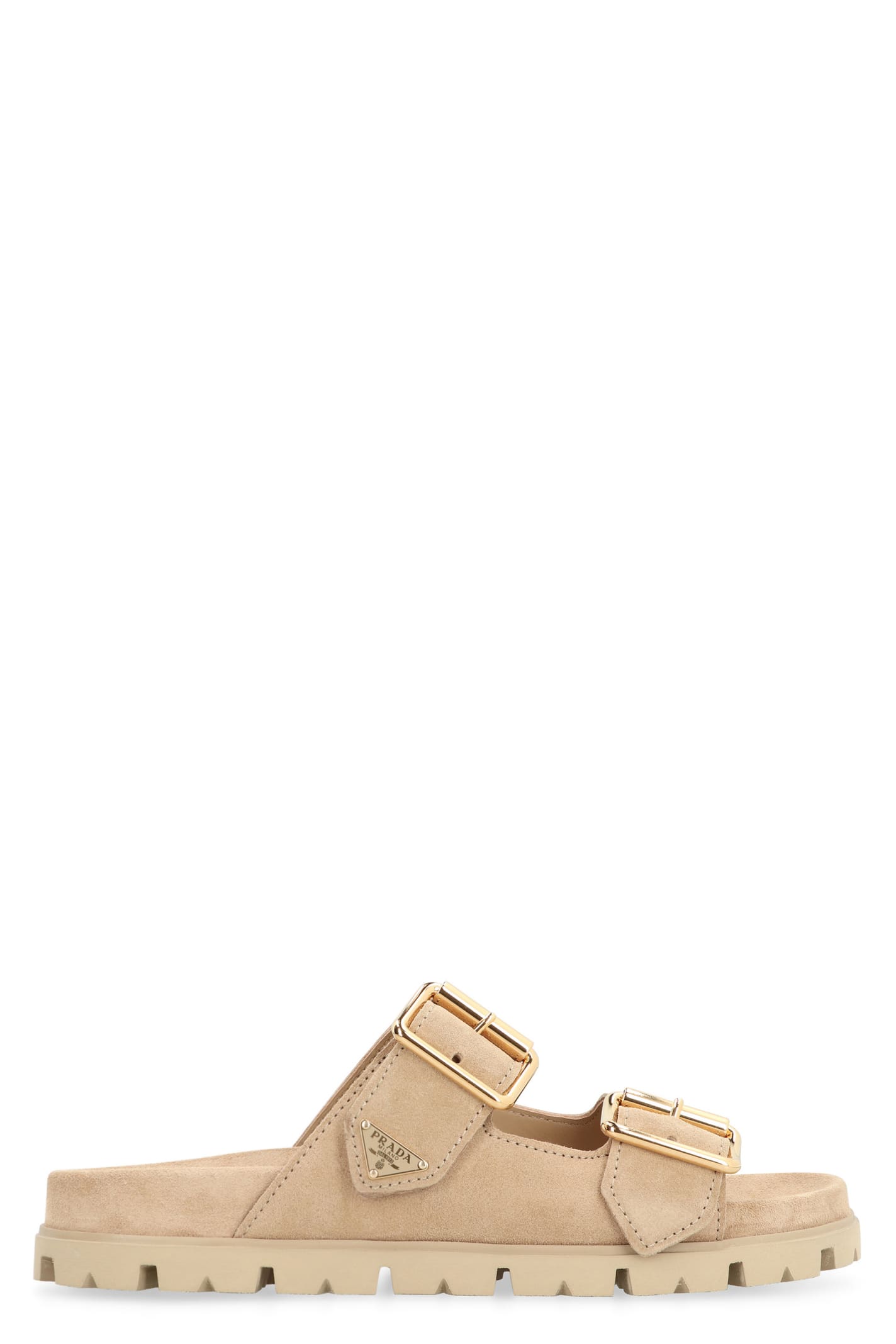 Shop Prada Suede Slides In Ecru