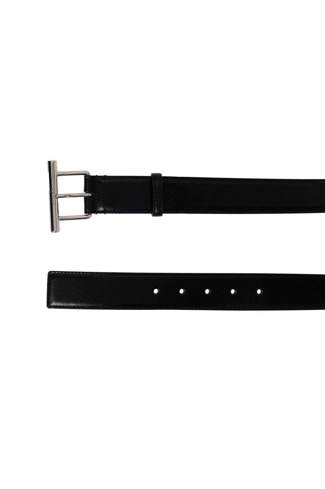 Shop Alexander Mcqueen T-bar Buckled Logo Engraved Belt In Nero