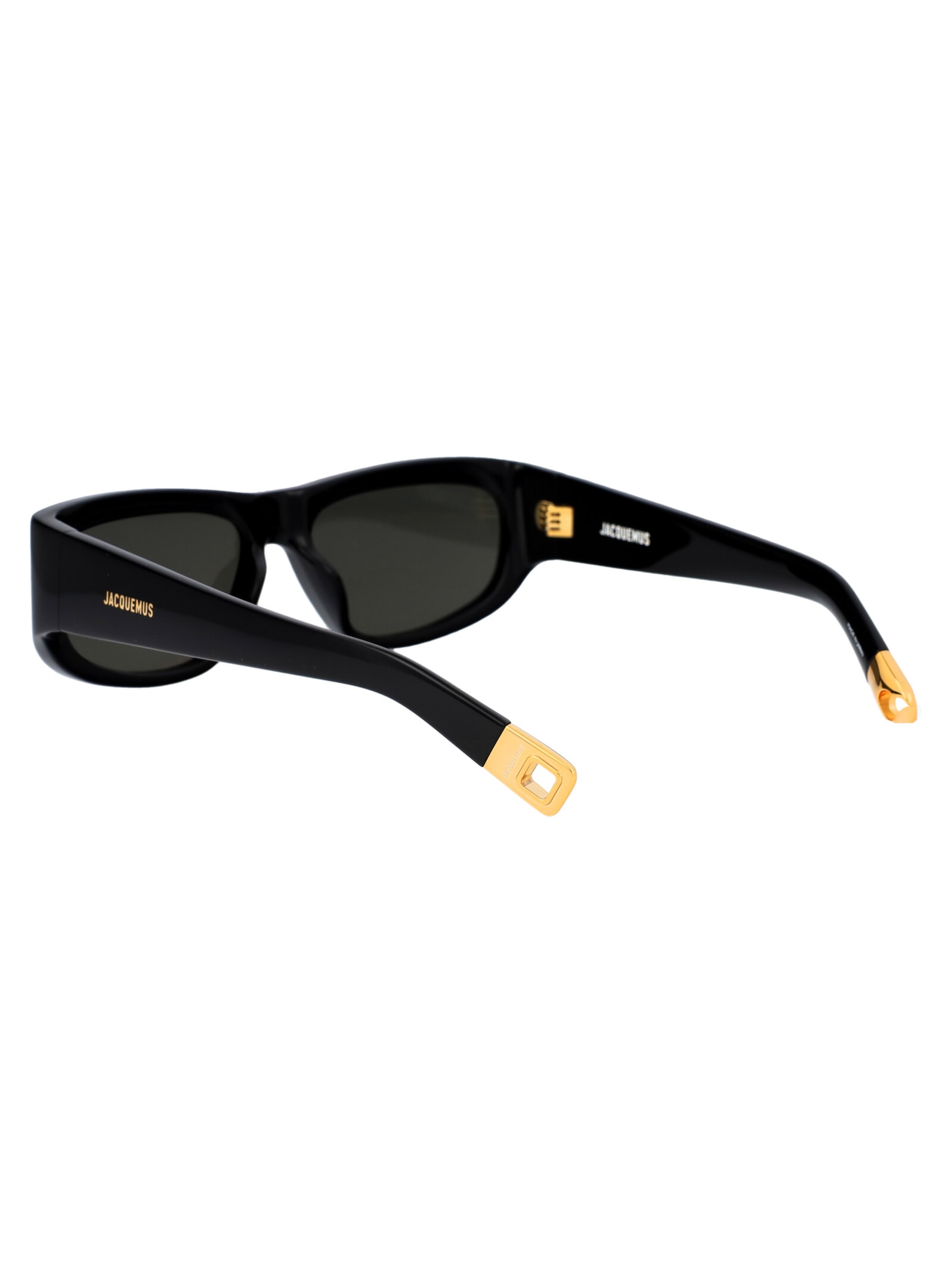 Shop Jacquemus Pilota Sunglasses In 01 Black/ Yellow Gold/ Grey