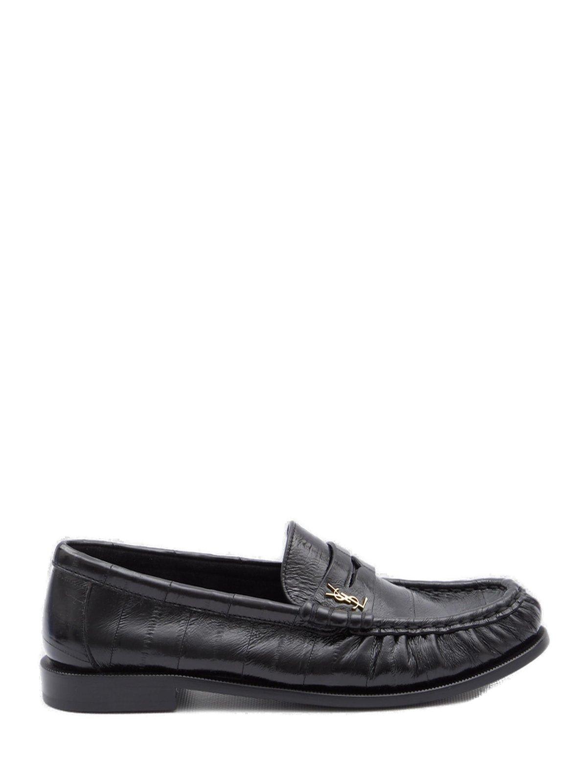 Shop Saint Laurent Logo Plaque Slip-on Loafers In Black