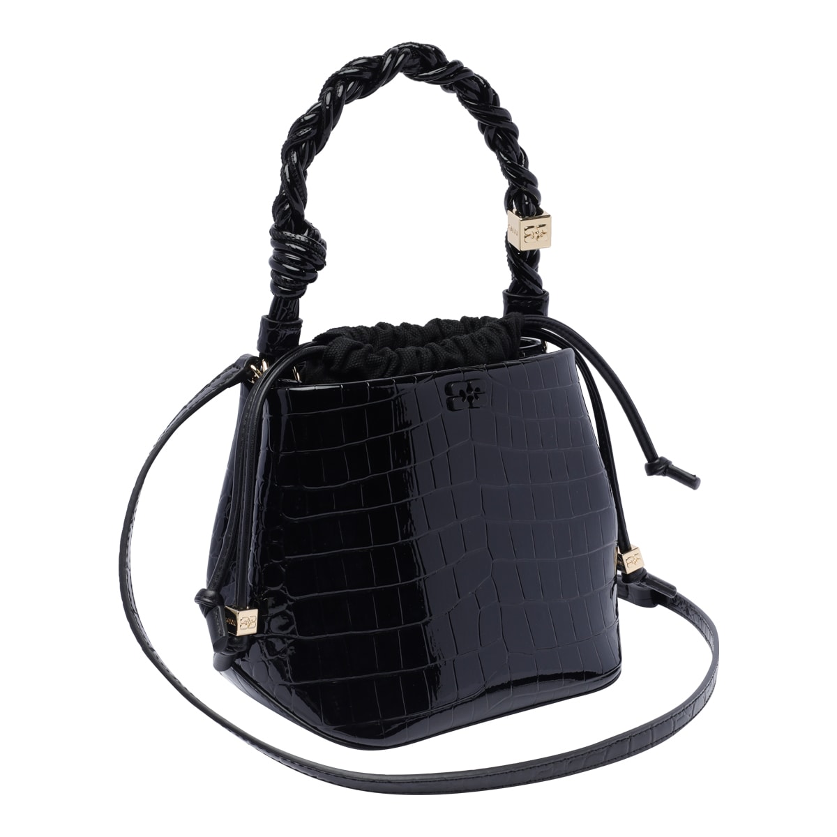 Shop Ganni Bou Croco Bucket Bag In Black