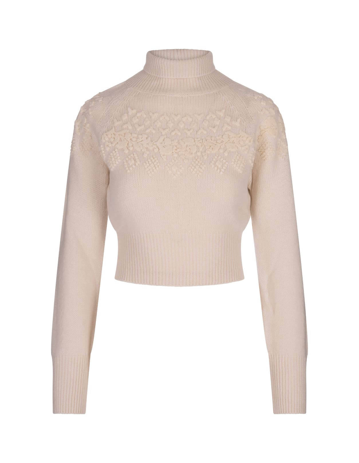 White Short Sweater With Ethnic Embroidery In Tone