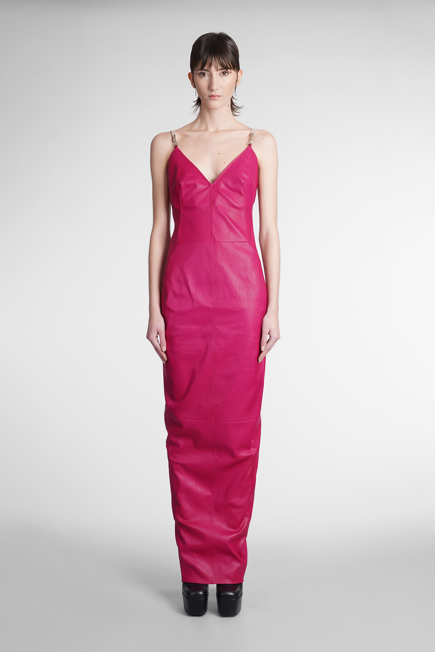 Rick Owens Leather Fitted Long Dress With Hook Strap Details In Fuxia