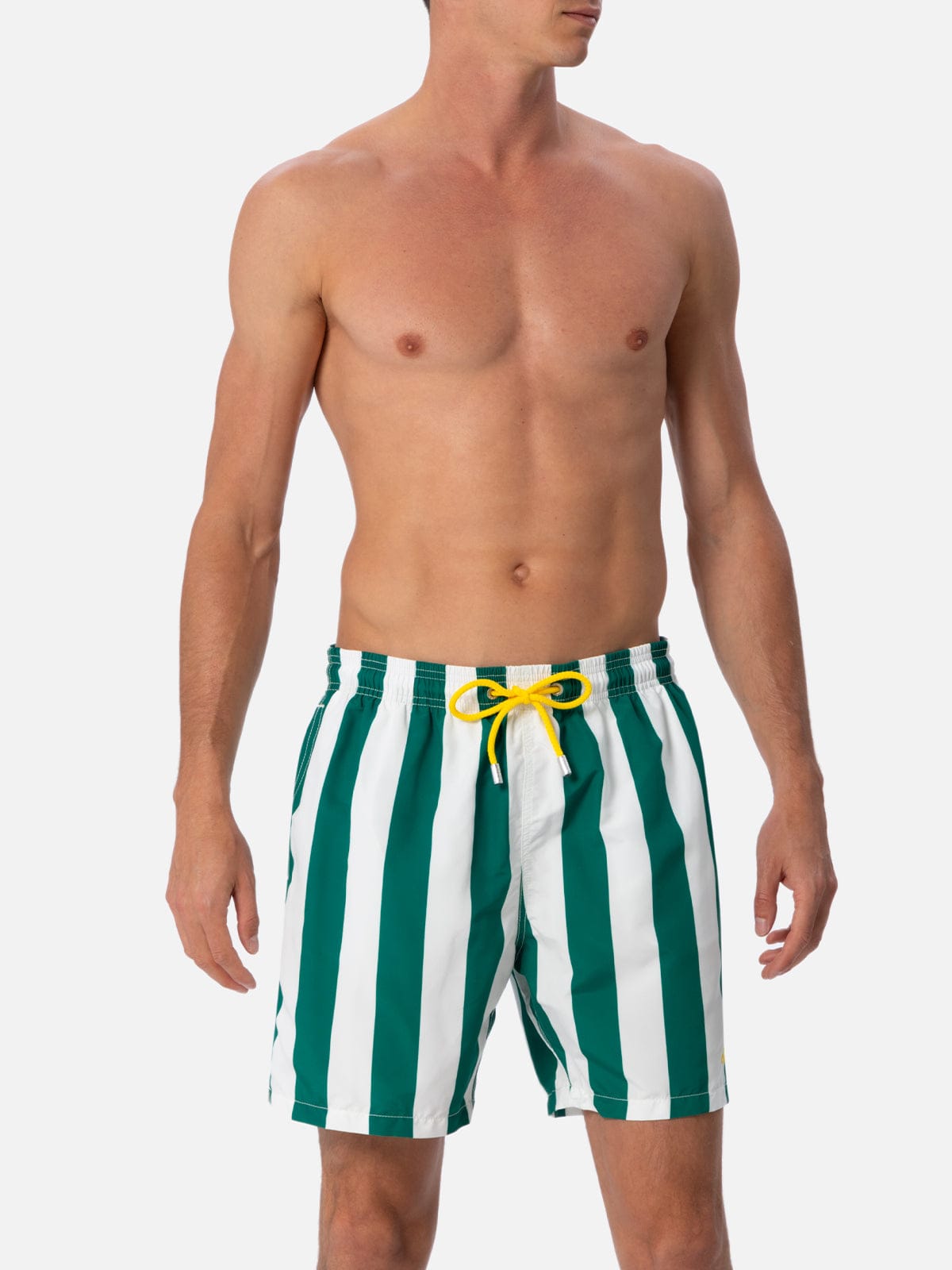 Shop Mc2 Saint Barth Man Mid-length Striped Gustavia Swim-shorts With St. Barth Embroidery In Green