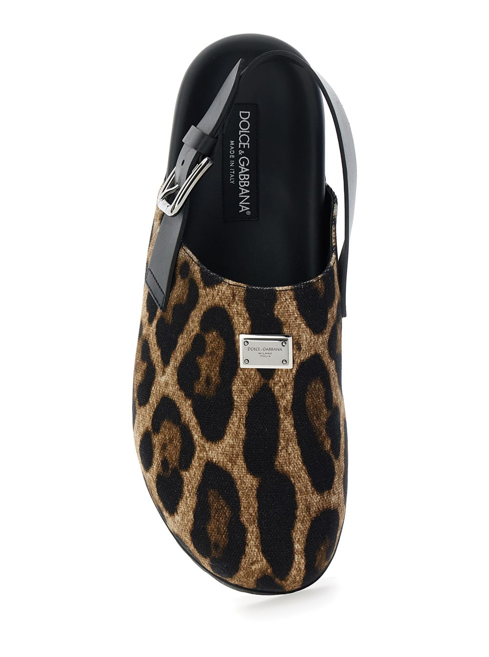 Dolce & Gabbana Brown Mules With Logo Plaque On The Front And Leopard Motif In Leather And Cotton Bl In Brown