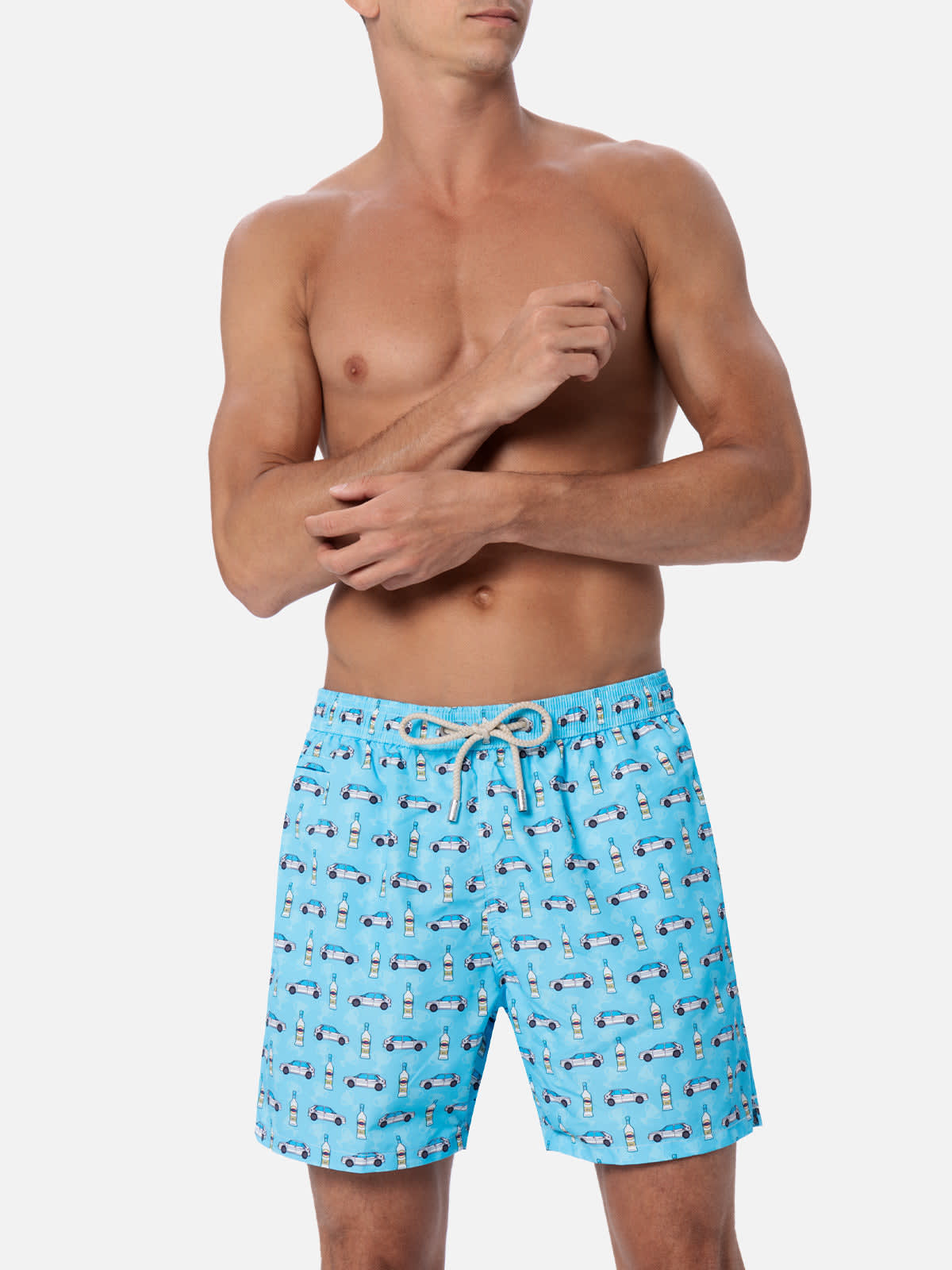 Mc2 Saint Barth Man Lightweight Fabric Swim-shorts Lighting Micro Fantasy With Lancia Delta Print Lancia Special Edi In Sky