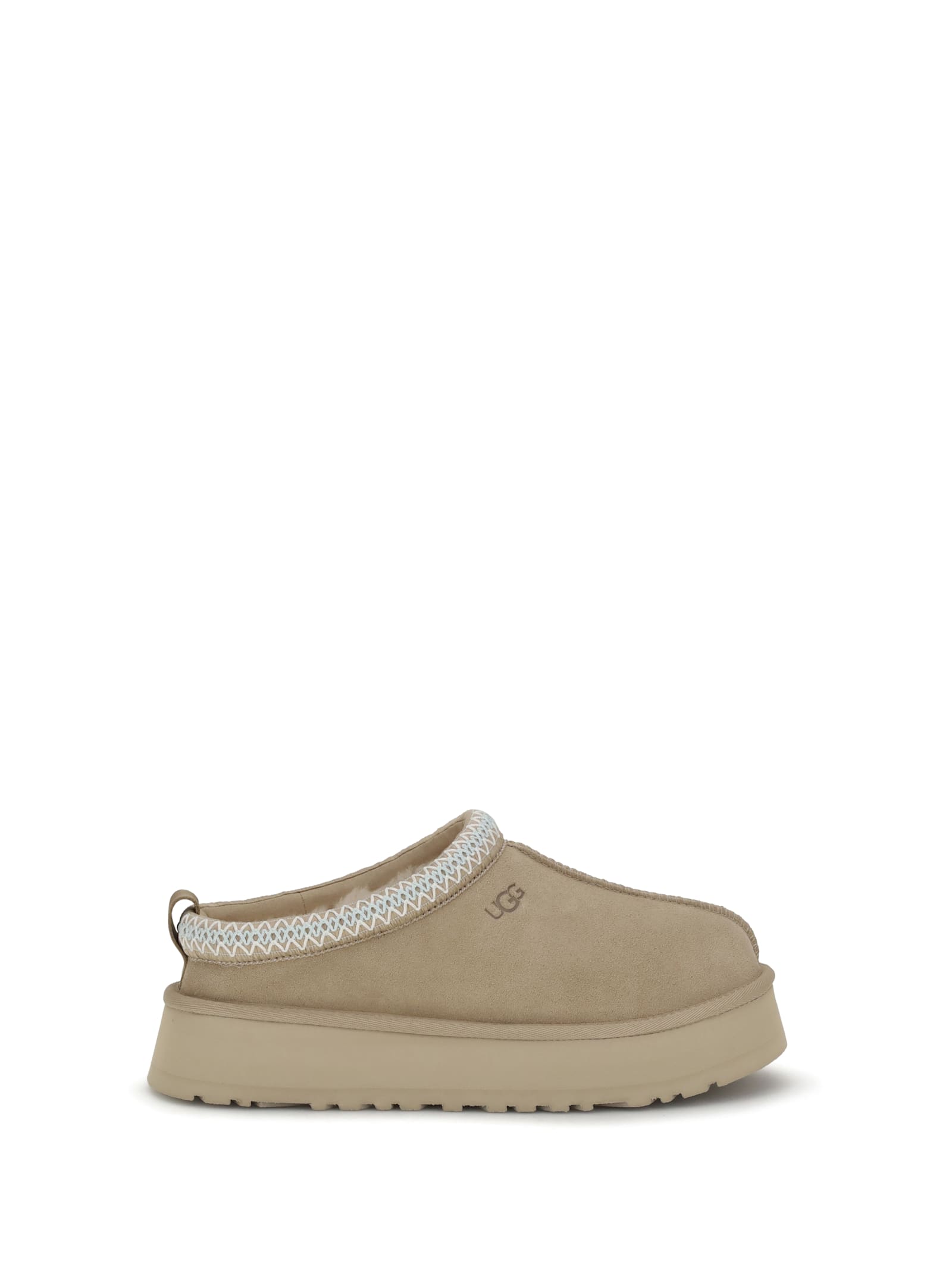 Ugg Tasman Embroidered Suede Flatform Mules In Nude
