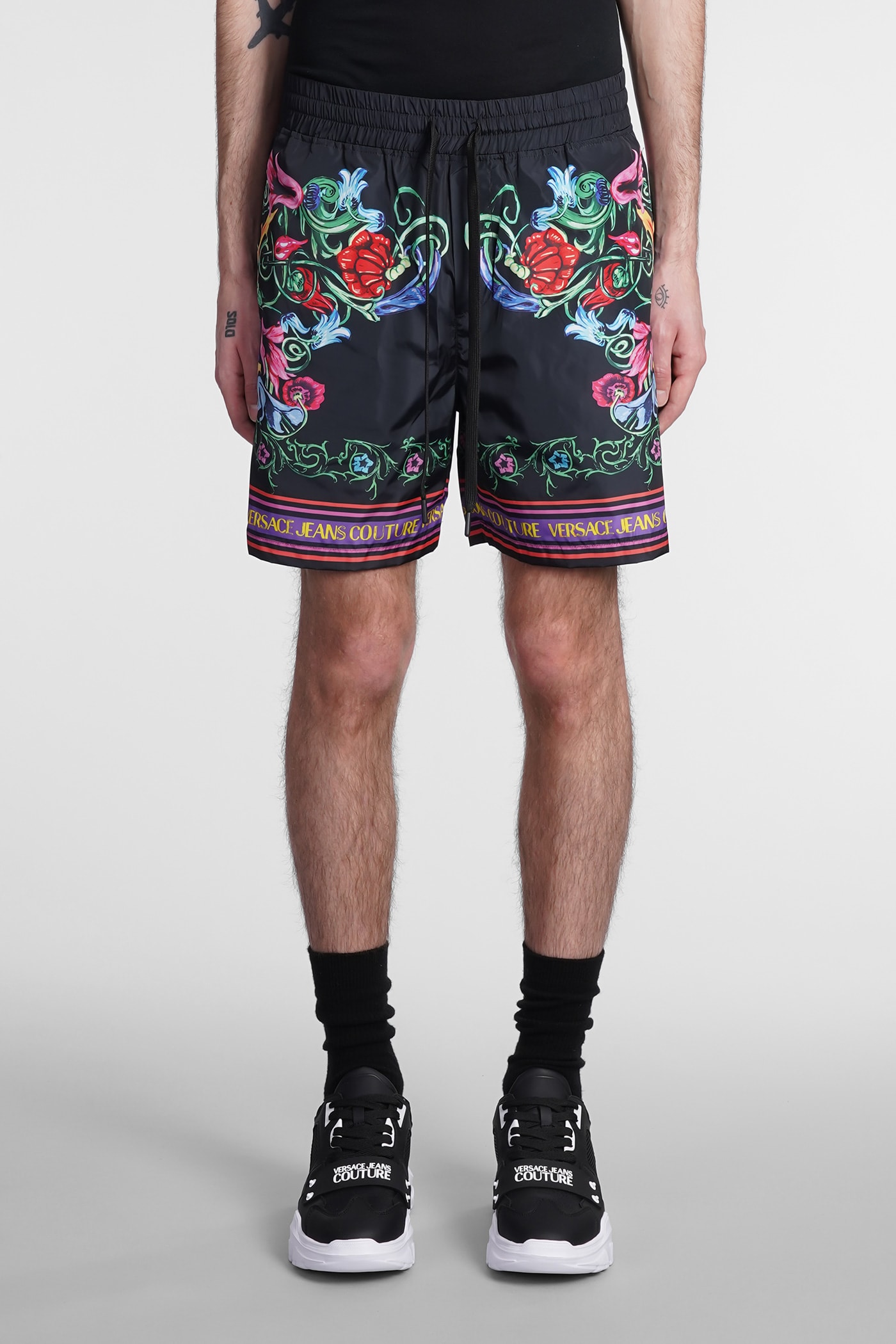 VERSACE JEANS COUTURE SHORTS IN BLACK MULTICOLOR NYLON