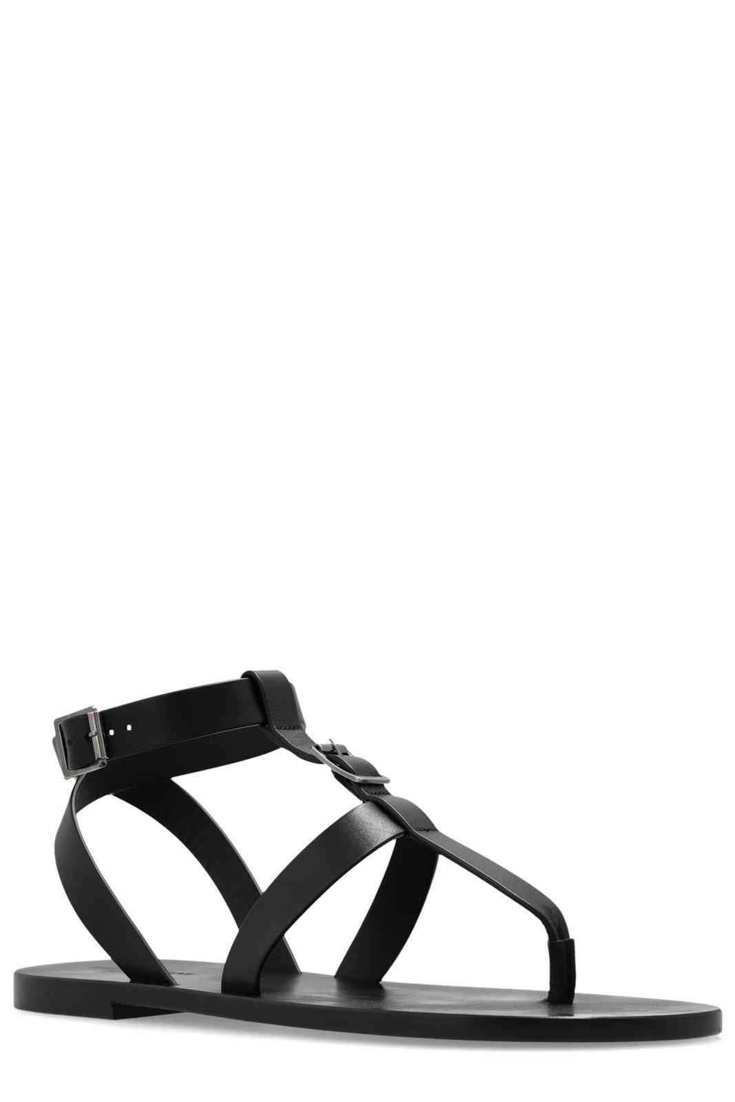 Shop Saint Laurent Bcukle Detailed Open Toe Sandals In Black