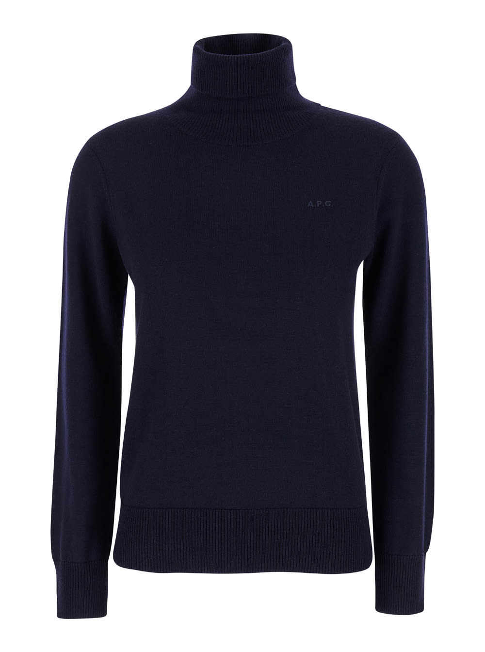 Shop Apc Blue High Neck Sweater With Logo Embroidery In Wool Woman