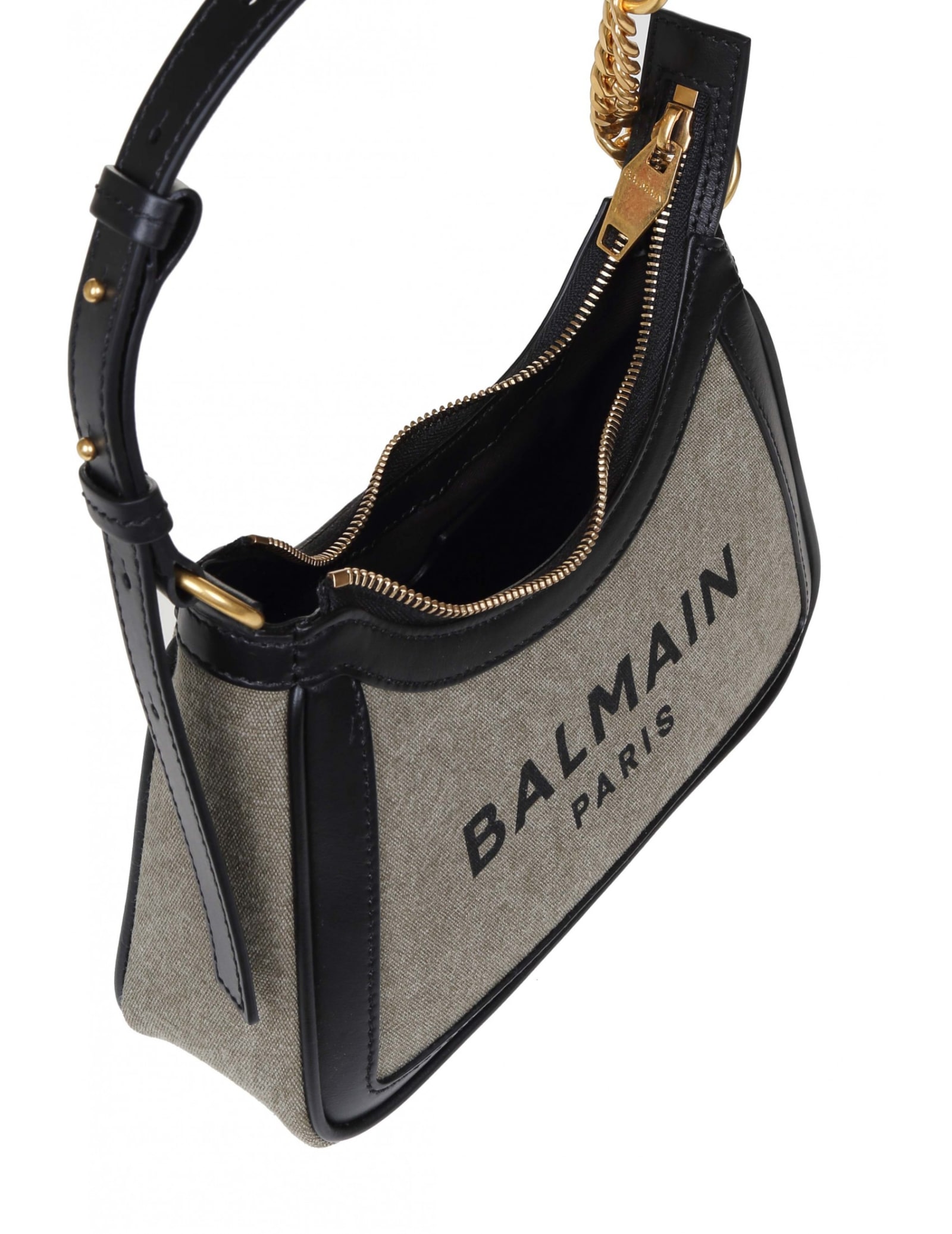 Shop Balmain B-army 26 Bag In Canvas And Leather In Kaki/noir