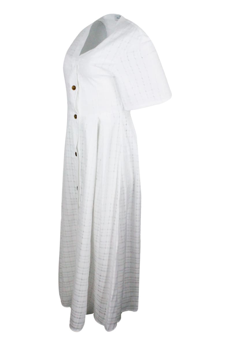 Shop Fabiana Filippi Long Dress In Short-sleeved Stretch Cotton With Button Closure And Textured Work In White