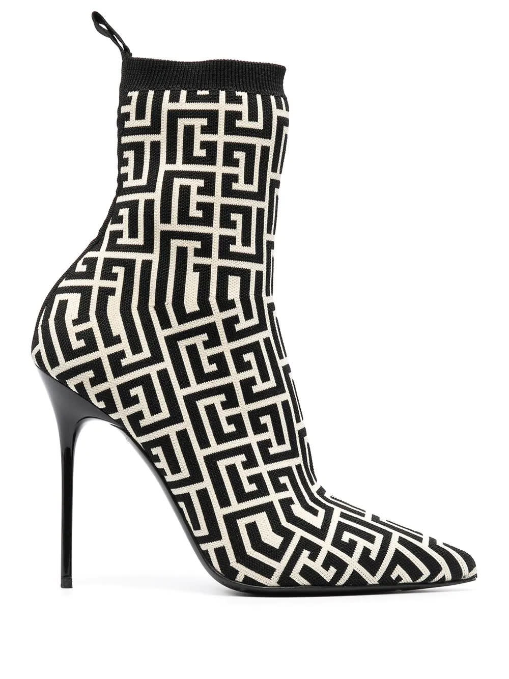 Balmain Skye Ankle Boot In Two-tone Black And Ivory Stretch Knit With Monogram