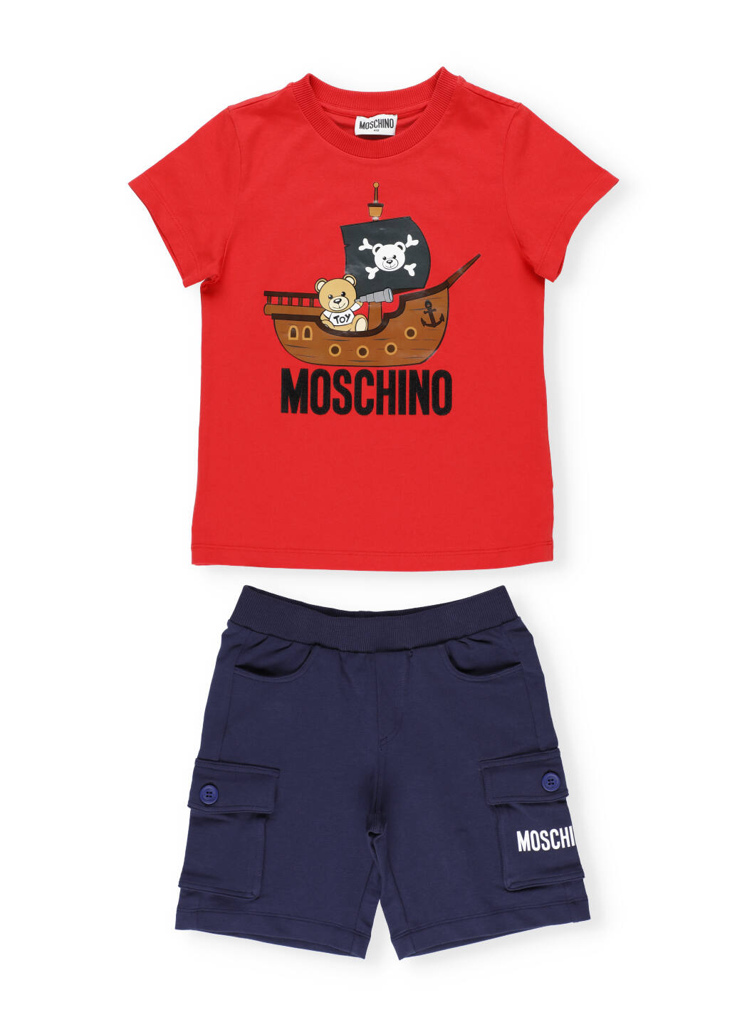 Moschino Kids' Cotton T-shirt And Short Set In Poppy Red/blue Navy