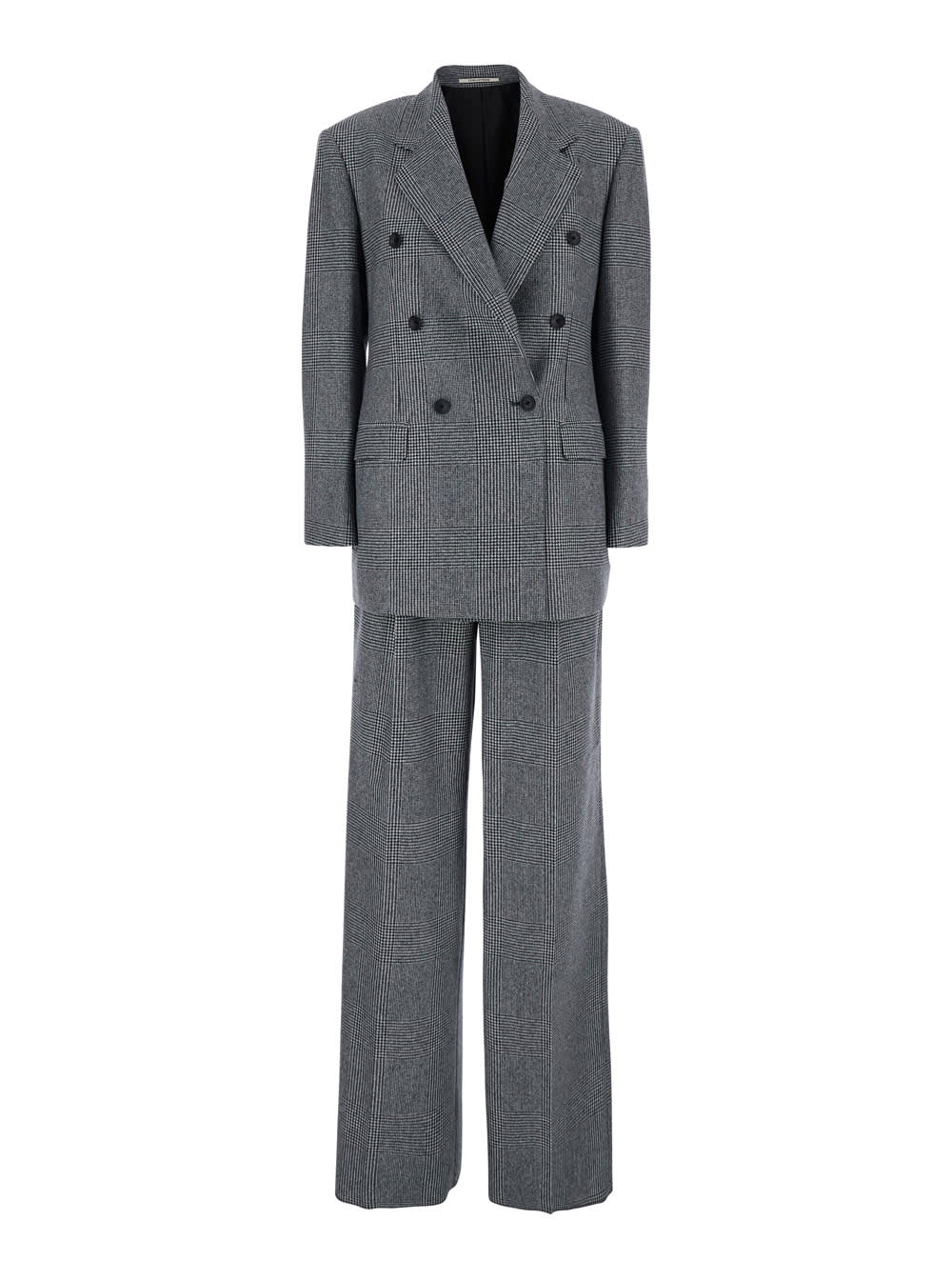 Grey Double-breasted Suit With Plaid Pattern And Notched Revers In Wool Woman