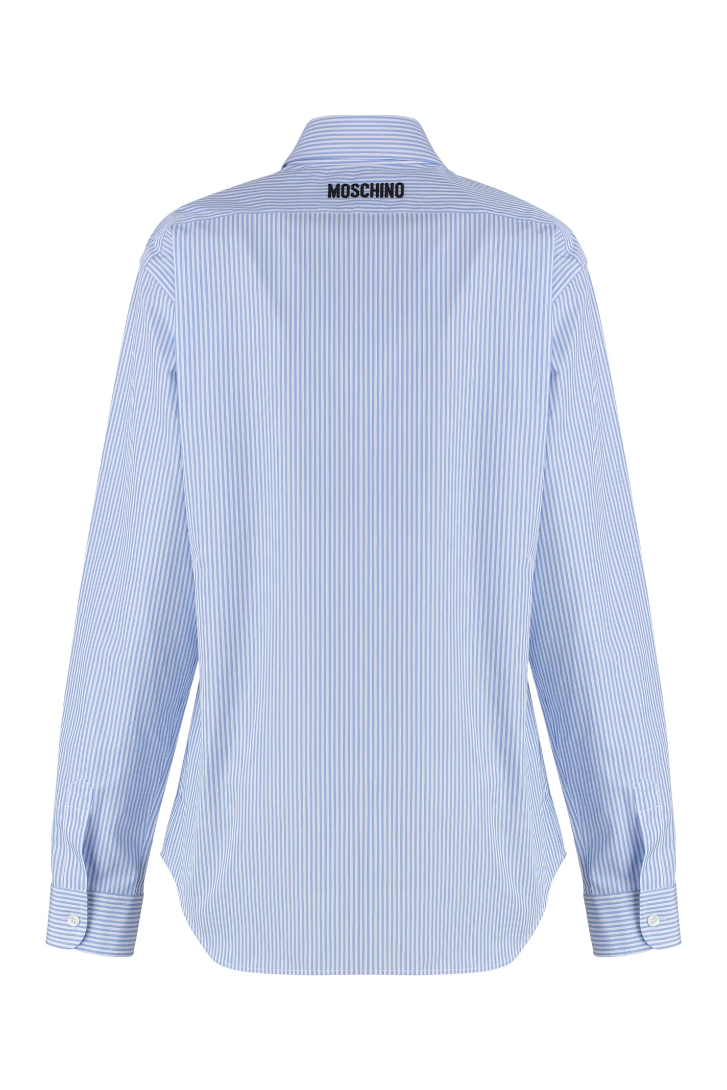 Moschino Striped Poplin Shirt Goose Embroidery In Light Blue