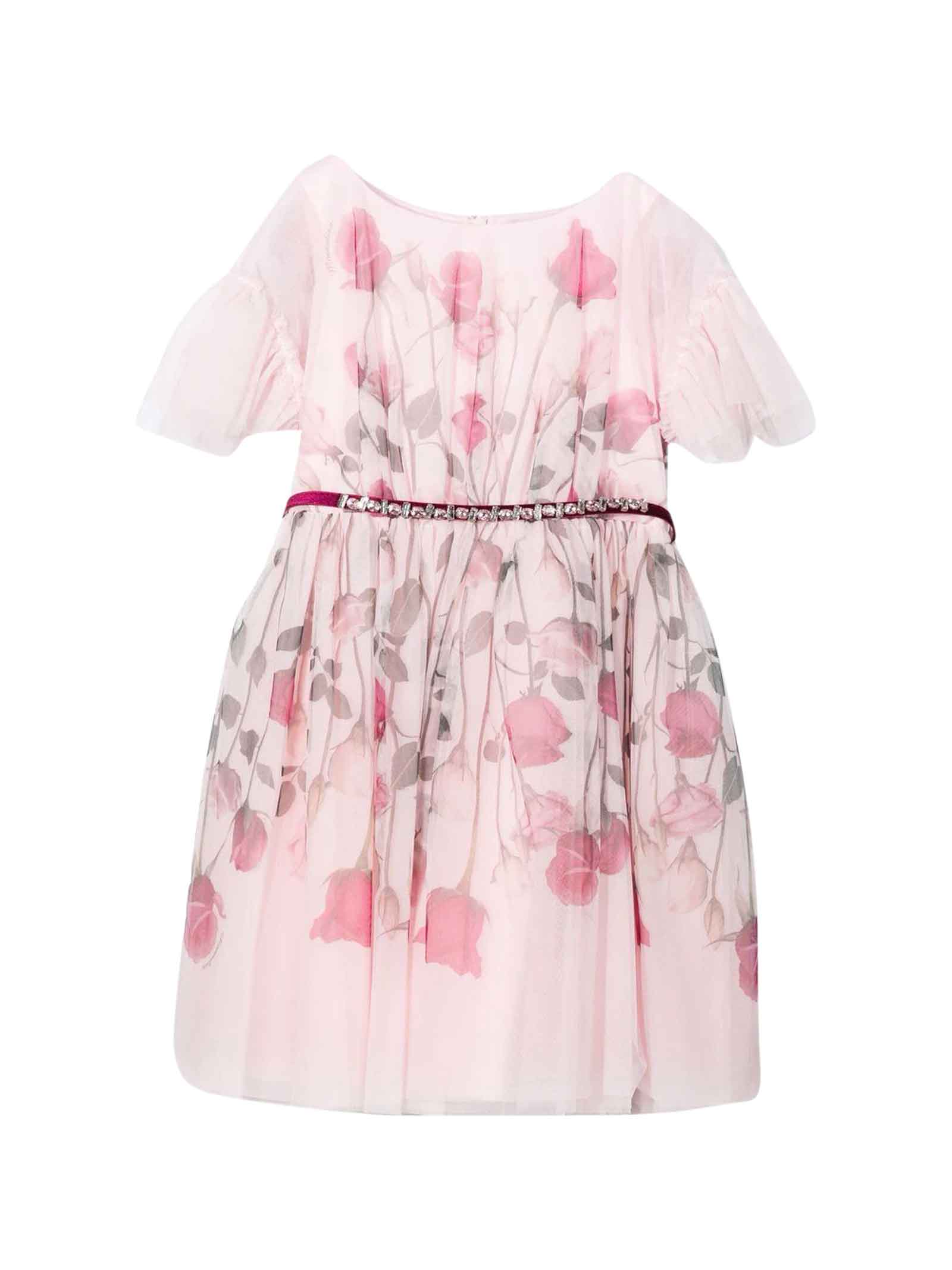 Monnalisa Pink Dress With Tulle Insert And Floreal Print