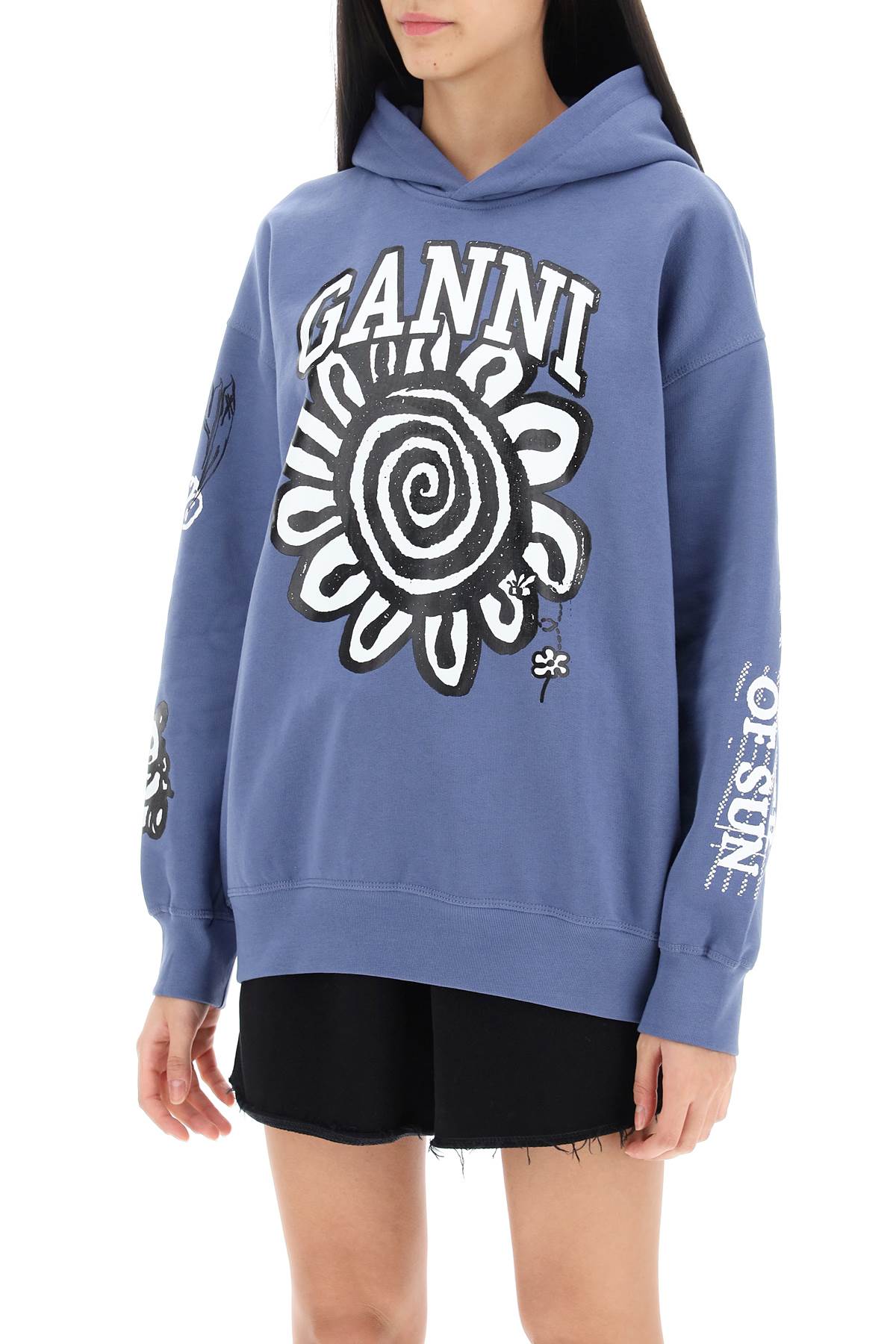 Shop Ganni Hoodie With Graphic Prints In Gray Blue (light Blue)