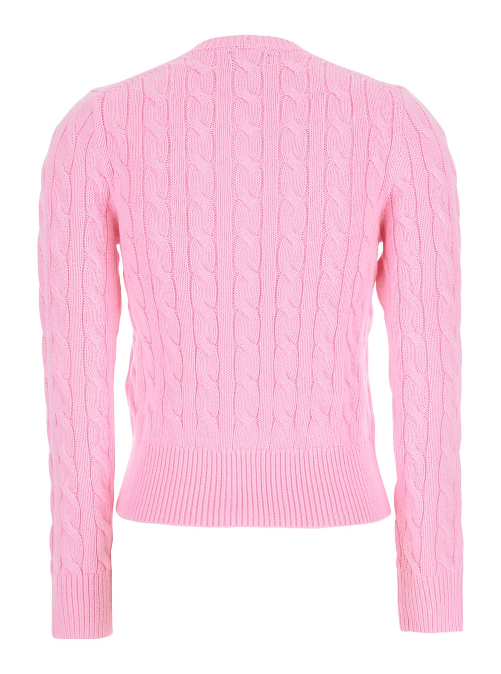Polo Ralph Lauren Pink Crewneck Cable Knit Cardigan With Pony Embroidery On The Front In Cotton Woman In Pink